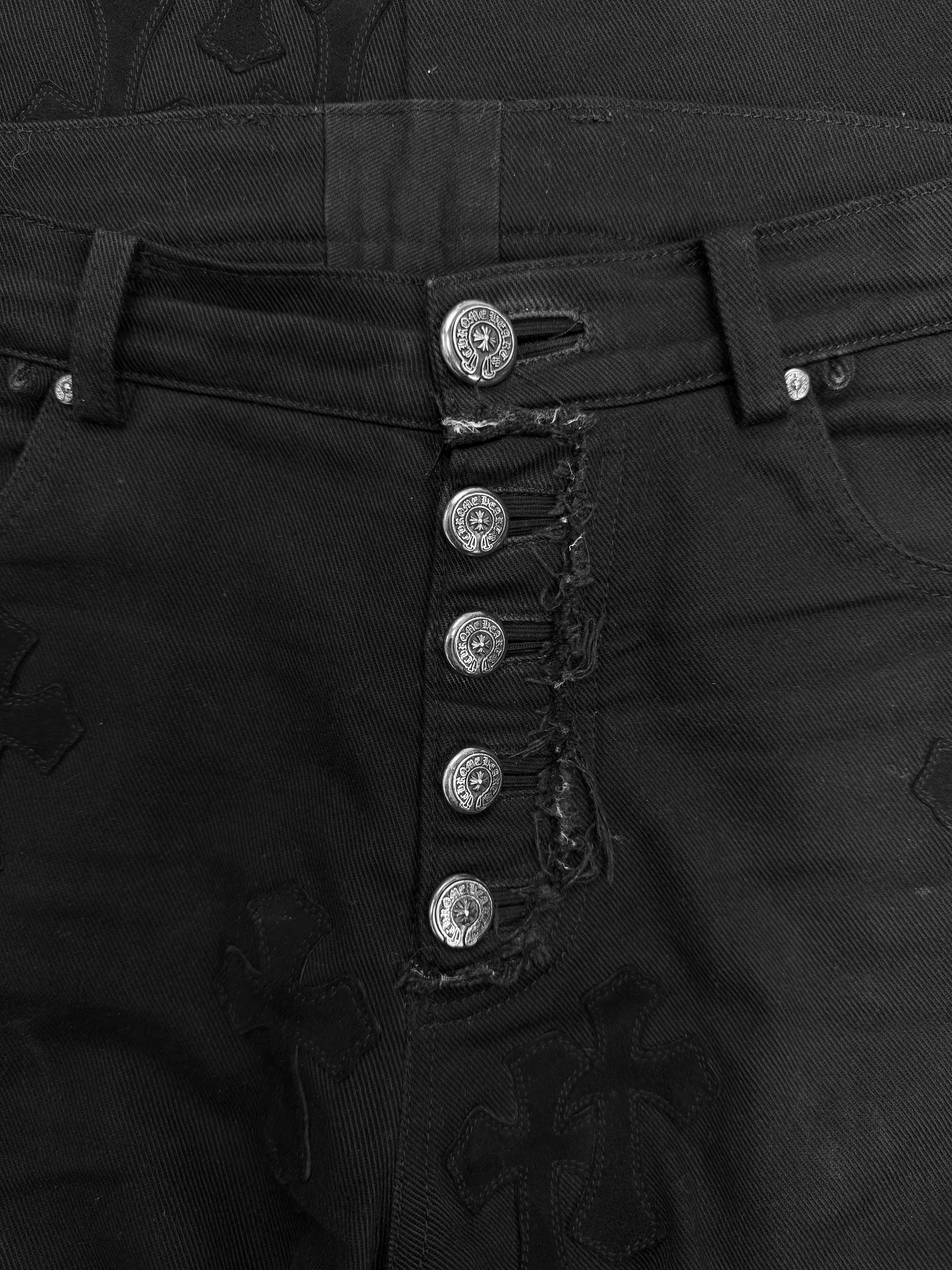 Chrome Hearts XL 46 Silver Cross Patch Fleur Knee Suede Black Denim