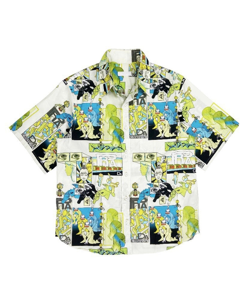 SS18 Prada Camp Collar Button Up Full Print Comic Shirt