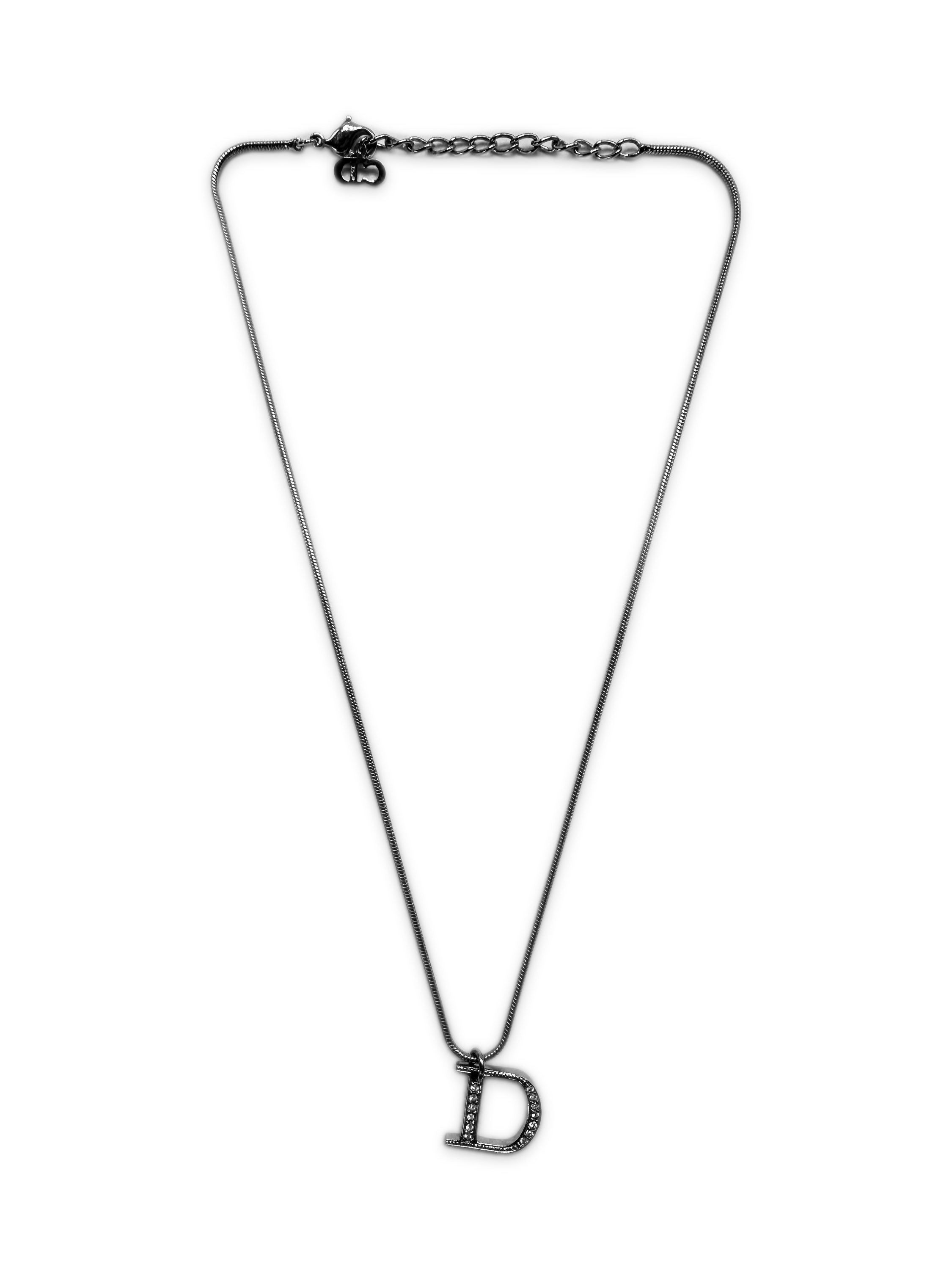 00s Dior ‘D’ Silver Crystal Pendant Necklace