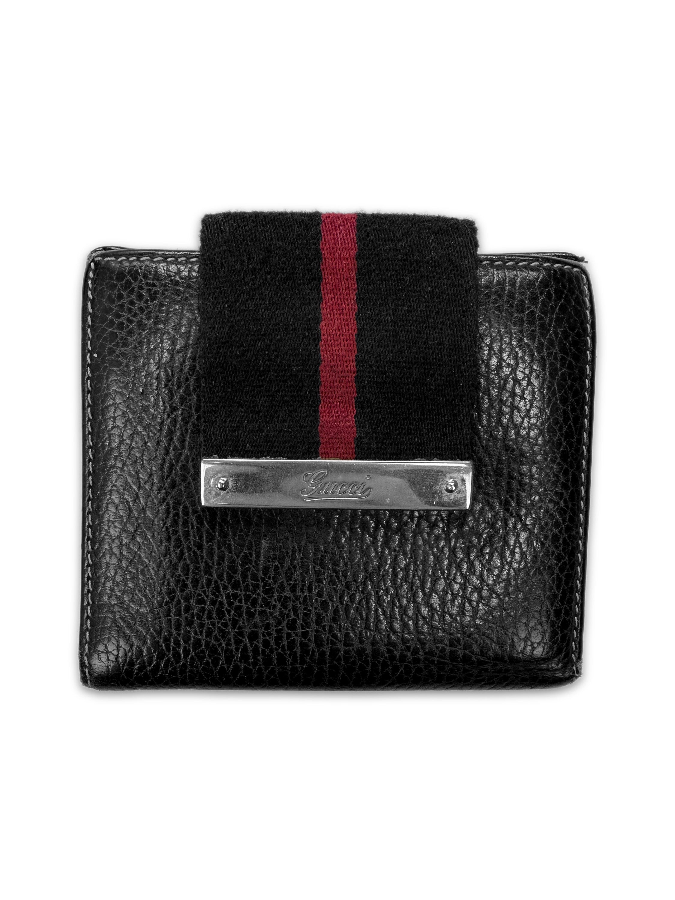 00s Gucci ‘Triple Stripe’ Cursive Logo Black Leather Bifold Wallet