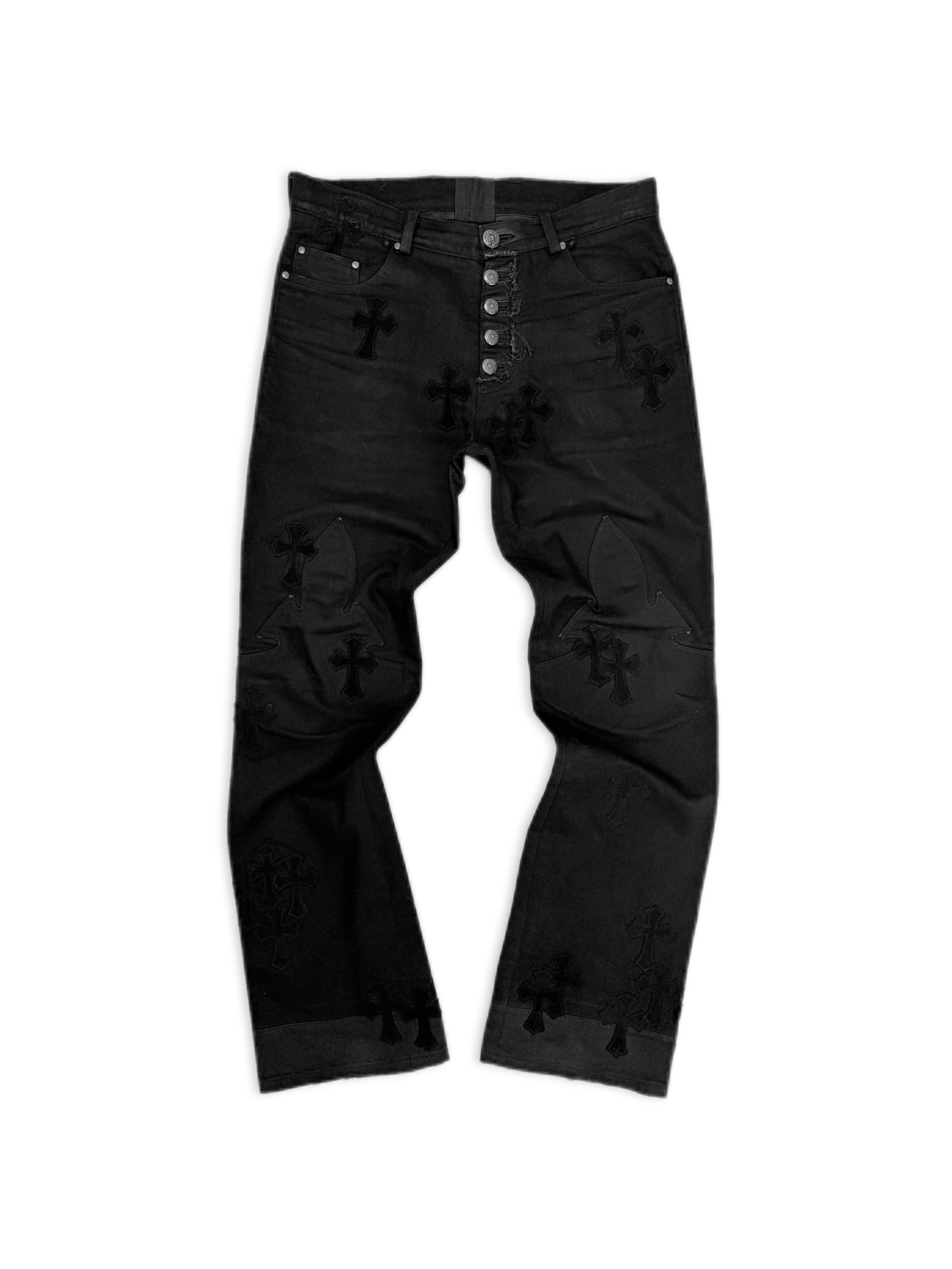 Chrome Hearts XL 46 Silver Cross Patch Fleur Knee Suede Black Denim