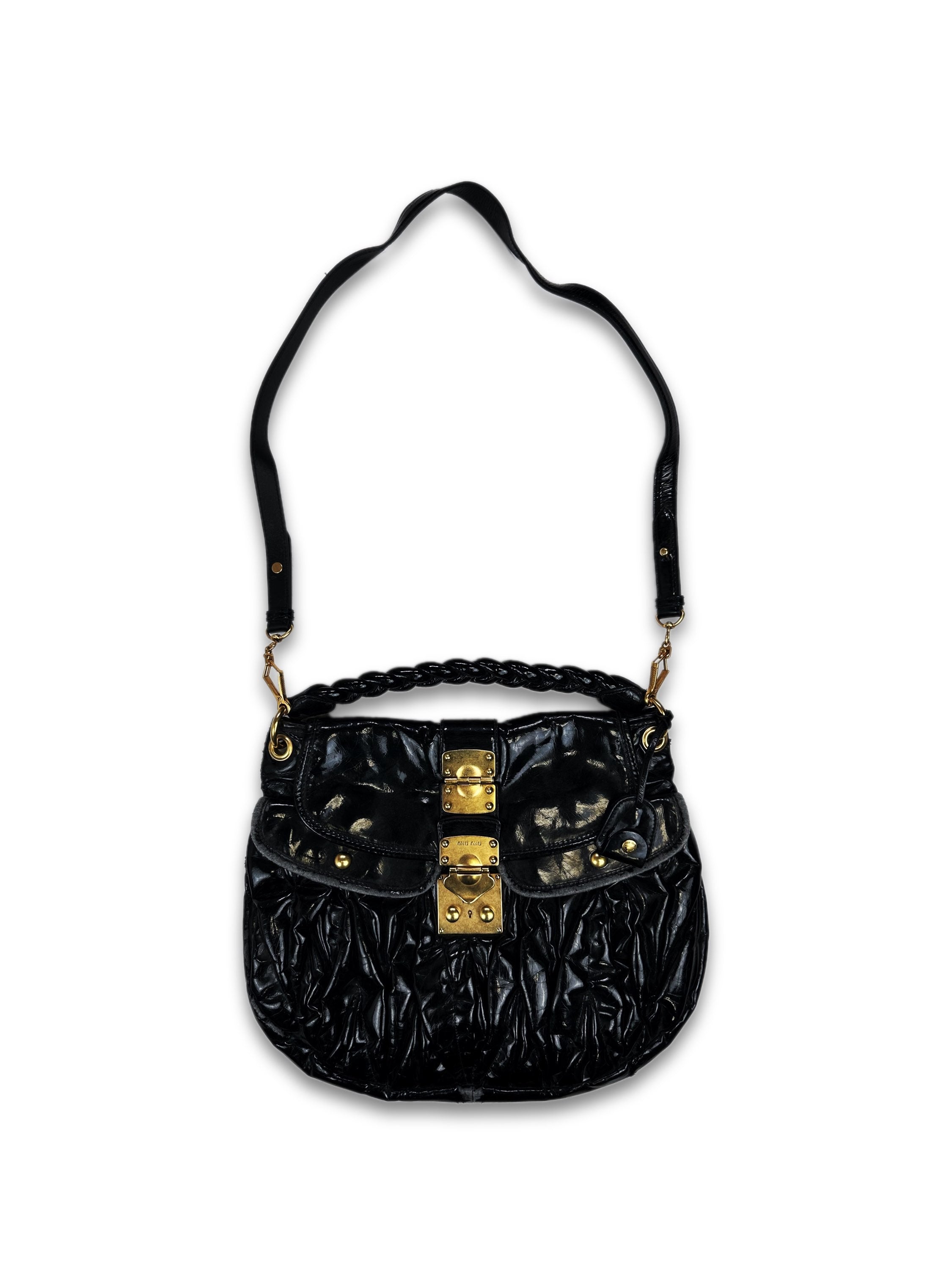 00s Miu Miu Black Patent Leather Gold Logo Side Bag