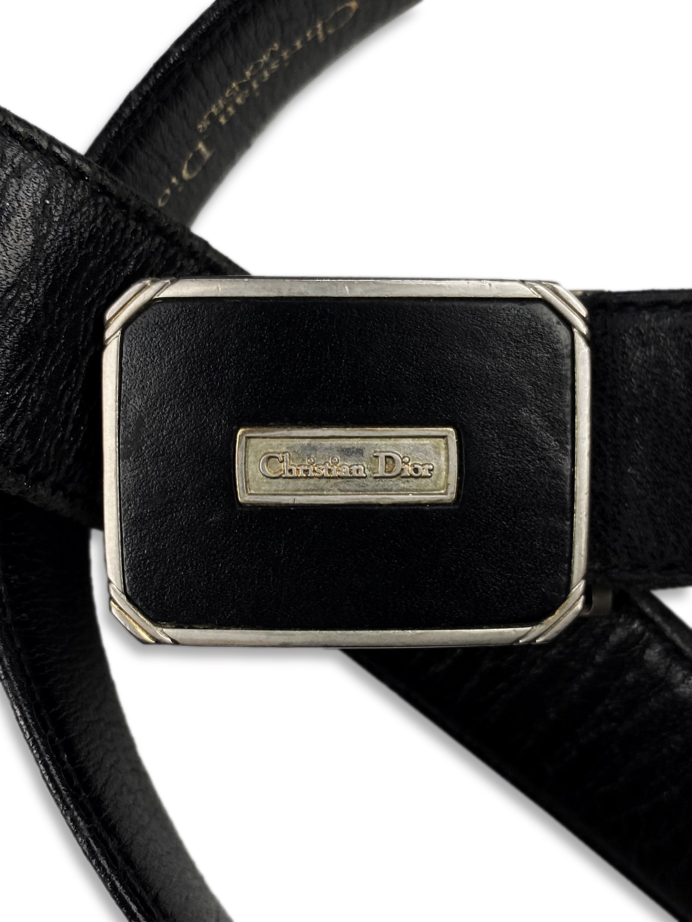 90s Dior Metallic Black Leather Squared Skinny Belt