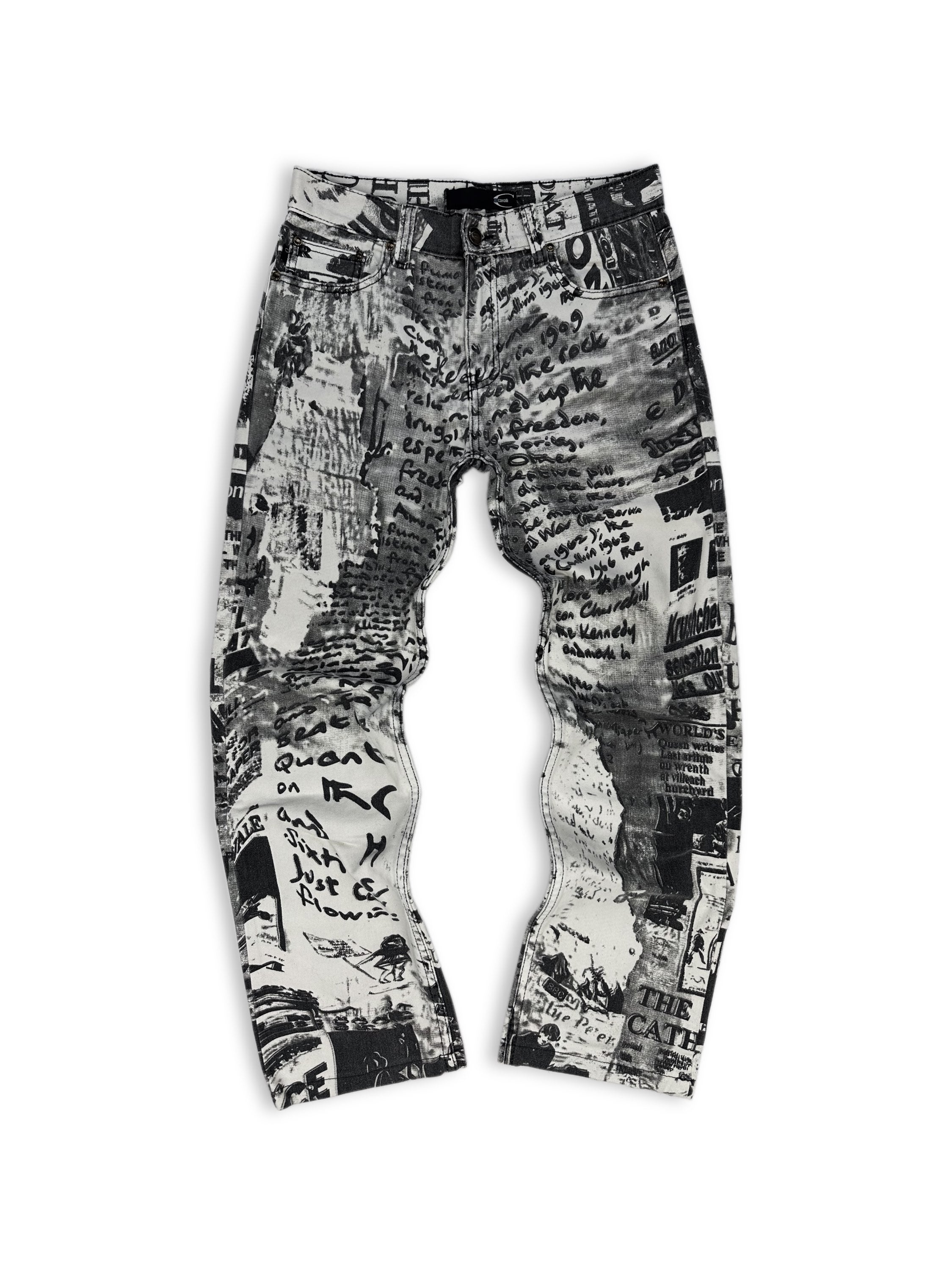 00s Roberto Cavalli ‘Newspaper’ Full Print Script Denim