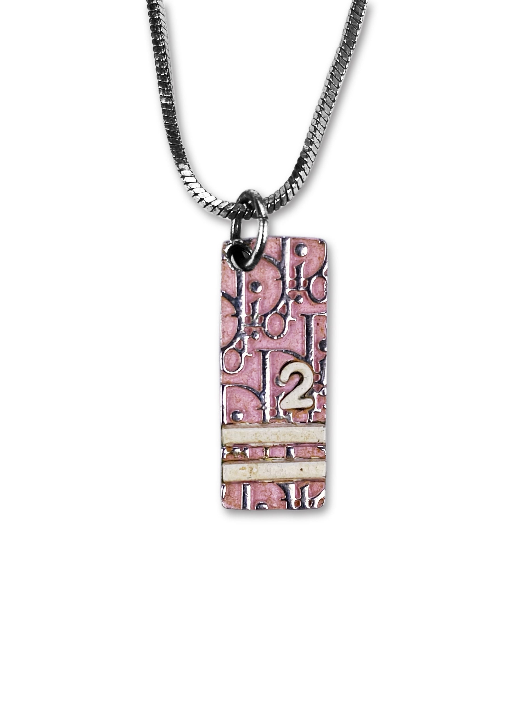 00s Dior ‘2’ Hot Pink Trotter Monogram Silver Necklace