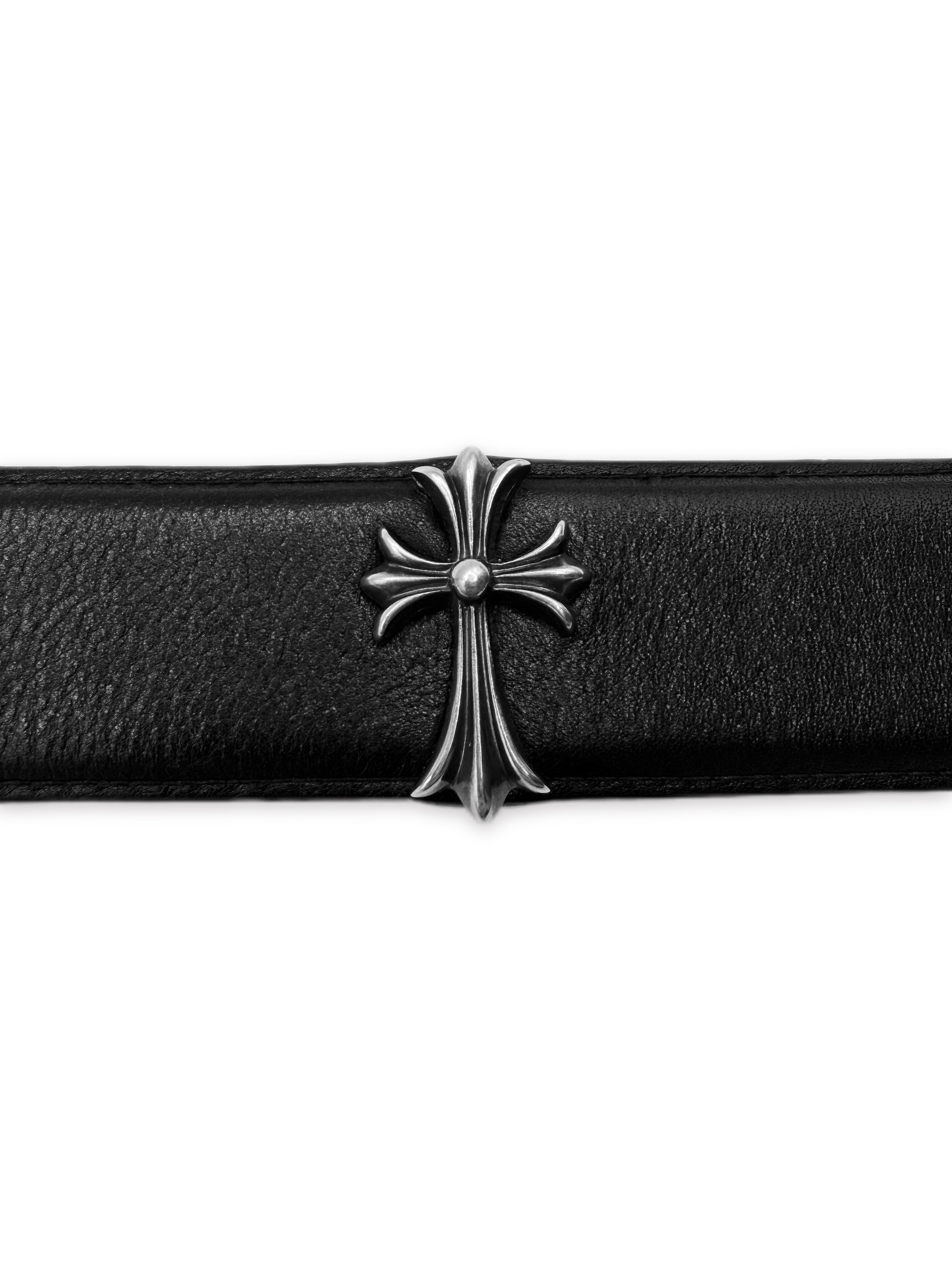 Chrome Hearts Cemetery Cross Pendant Black Leather .925 Silver Belt Strap