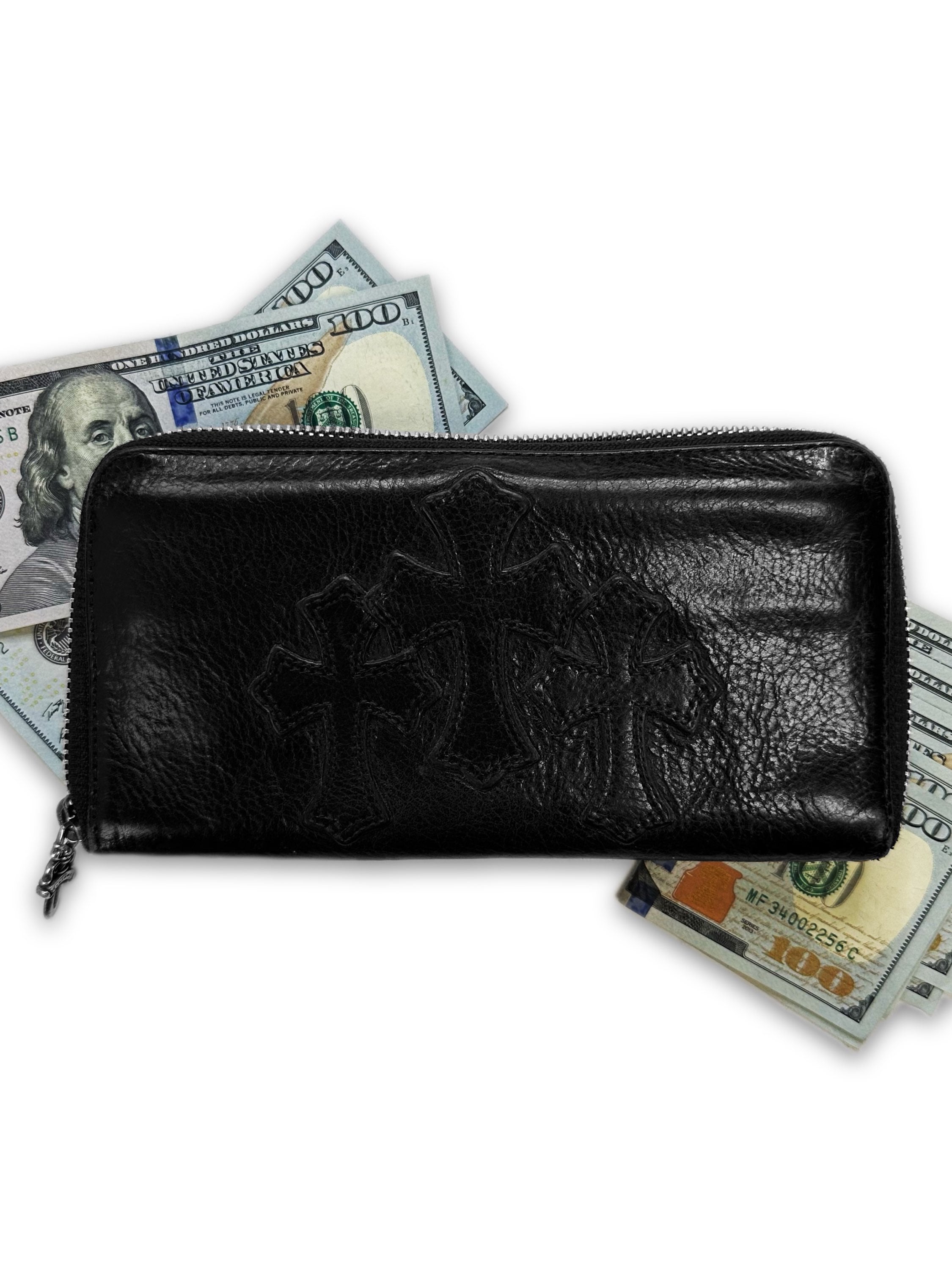 00s Chrome Hearts ‘Triple Cross’ Motif .925 Silver Black Leather Long Wallet