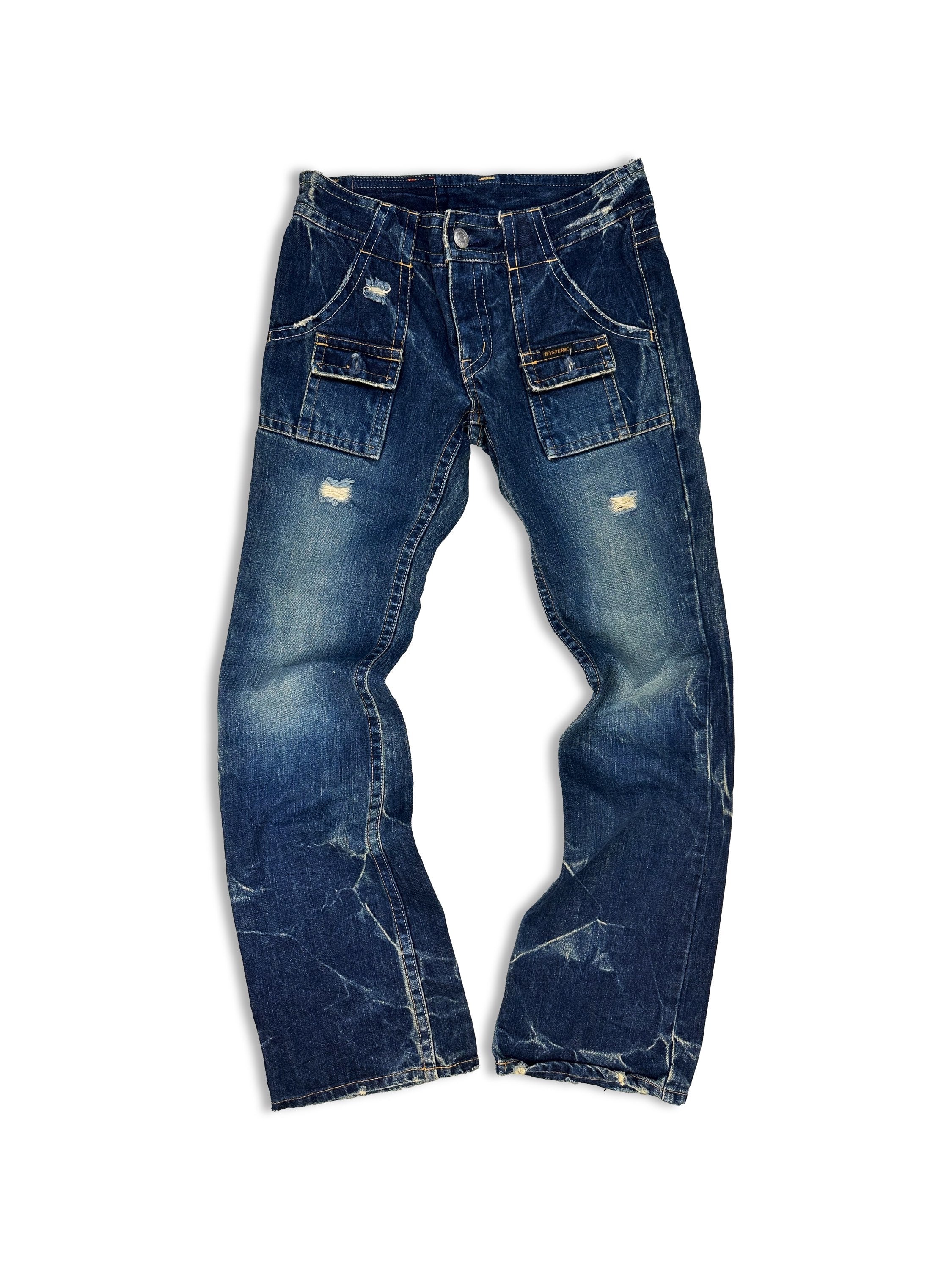 Hysteric Glamour Indigo Whiskered Cargo Pocket Flared Denim