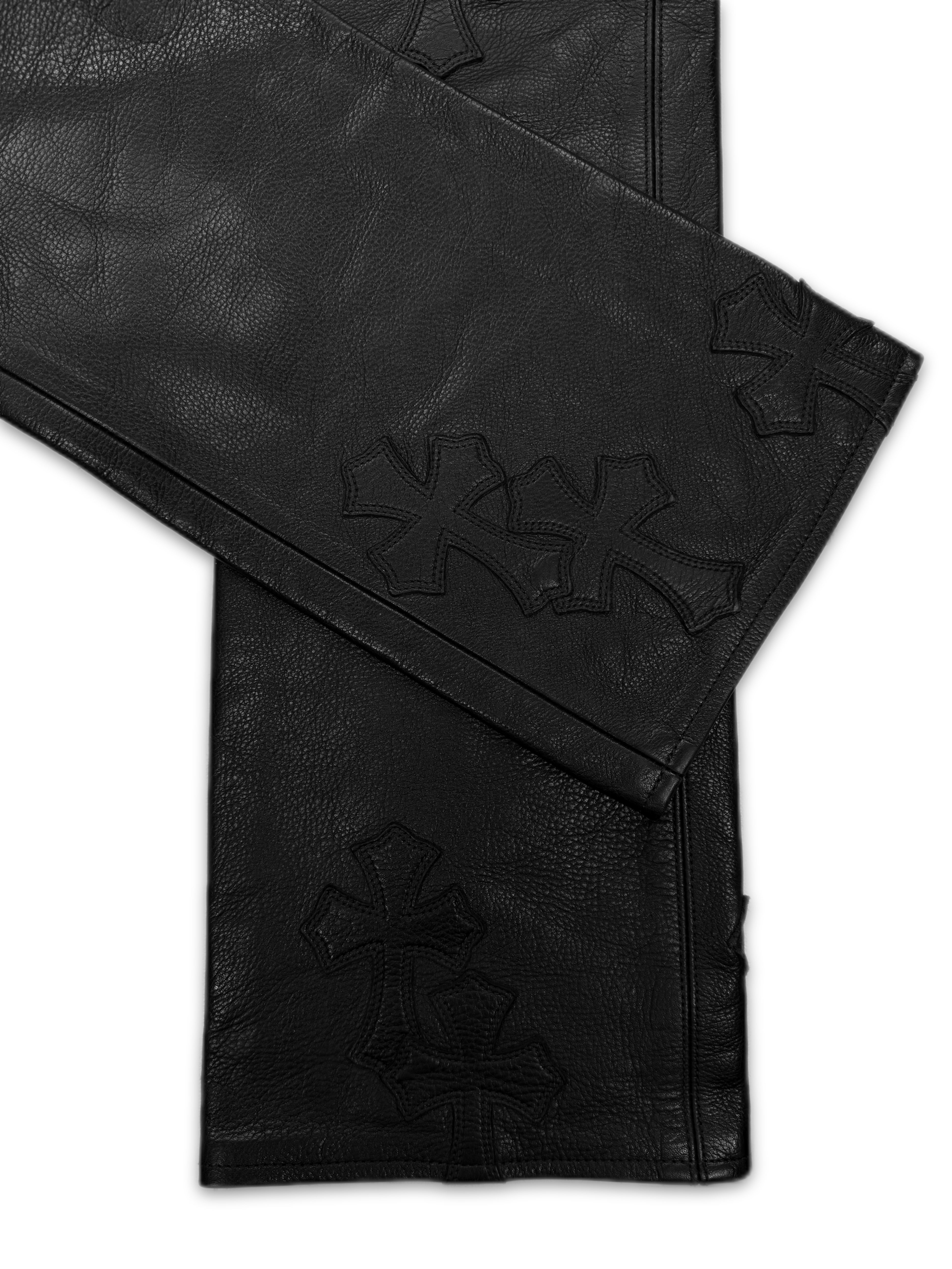 Chrome Hearts 34 Cross Patch Black Leather Fleur Knee Pants
