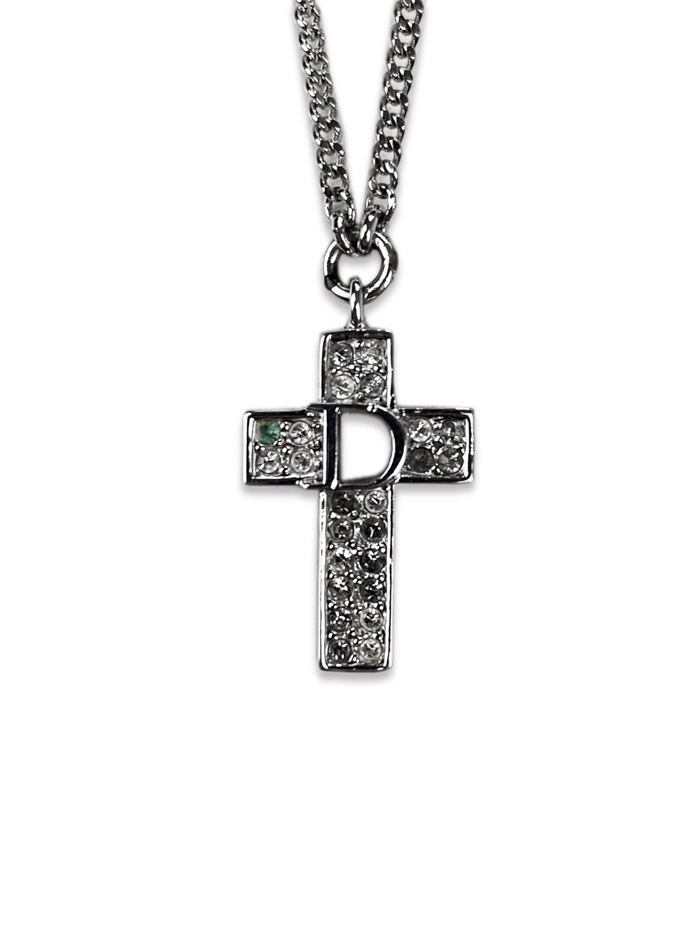 Dior ‘Cross’ Rhinestone Silver Pendant Chain Necklace