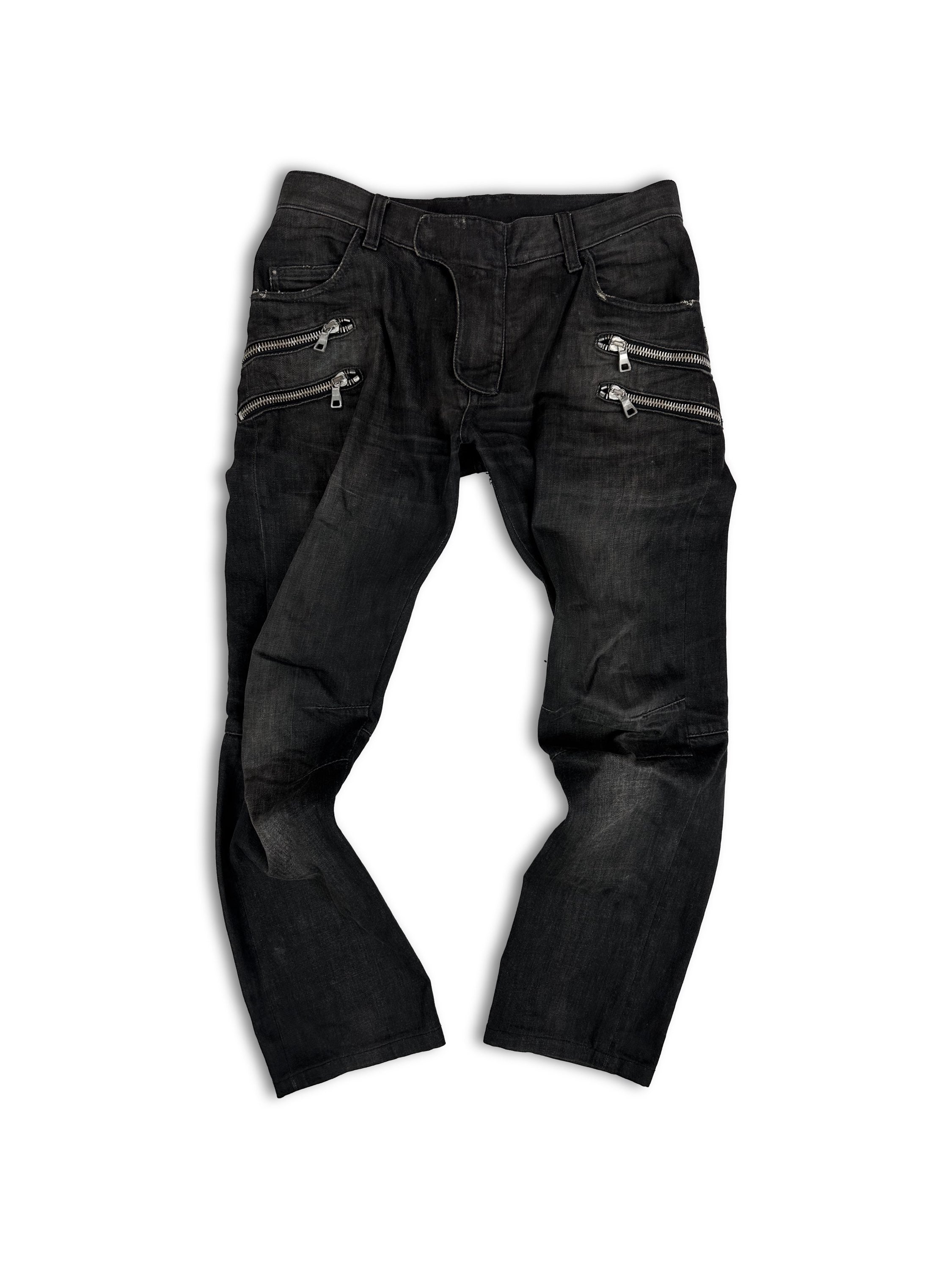 Balmain ‘Gun Holster’ Multi-zipper Black Washed Biker Denim