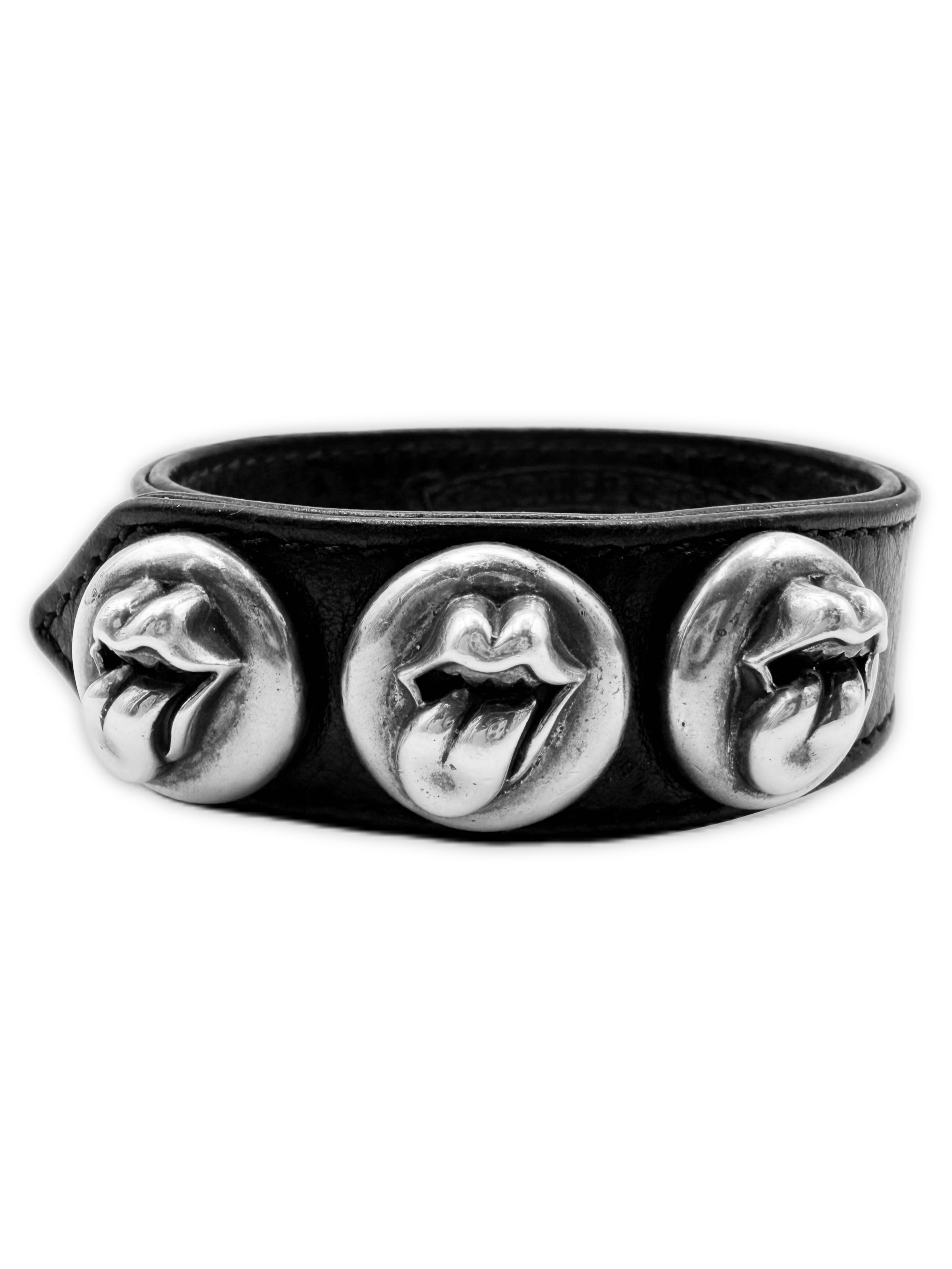 Chrome Hearts Rolling Stones Tongue & Lips .925 Silver Snap Leather Bracelet