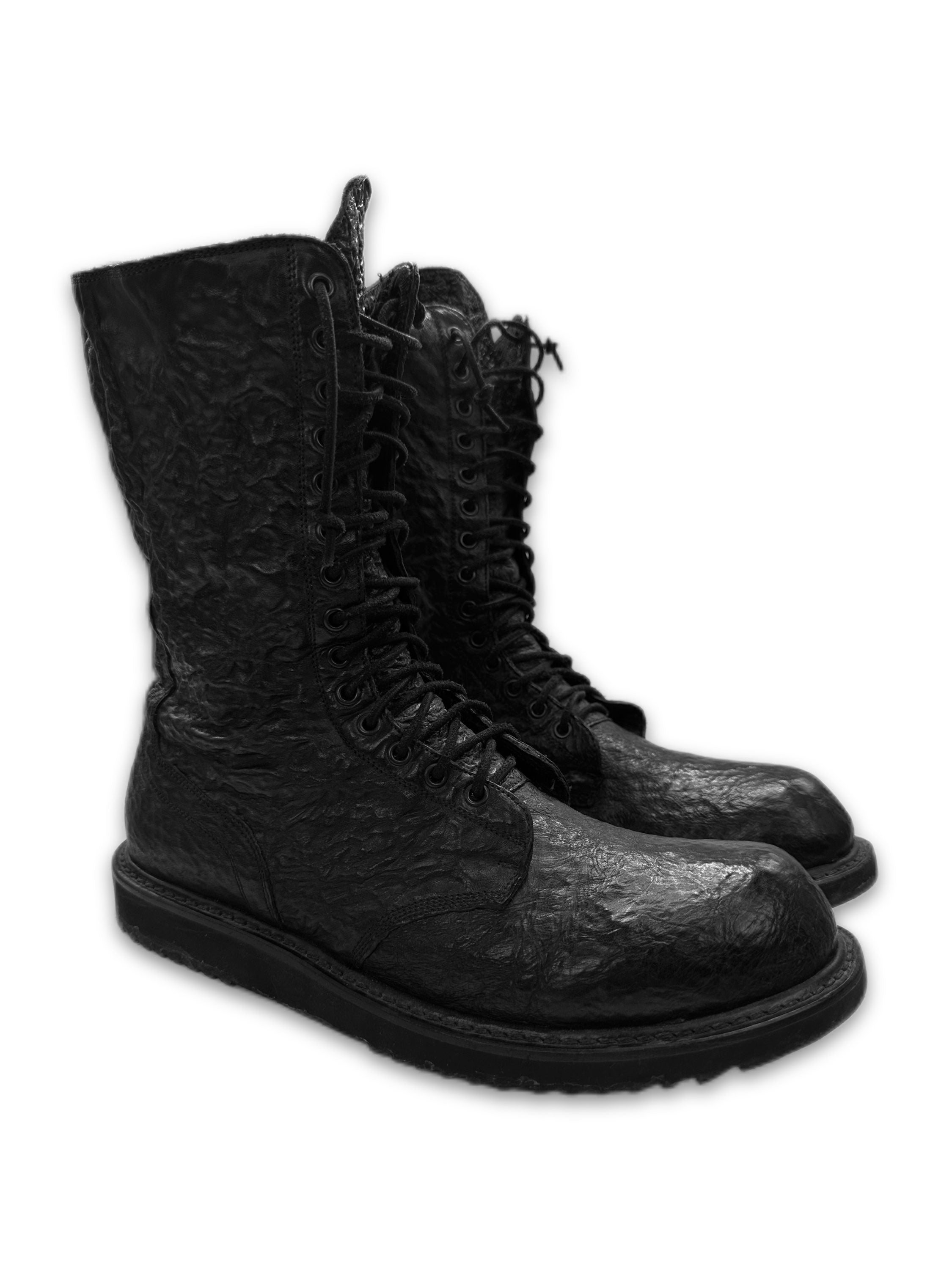 Rick Owens Crinkled ‘Shark Leather’ Acid Treated Combat Boots
