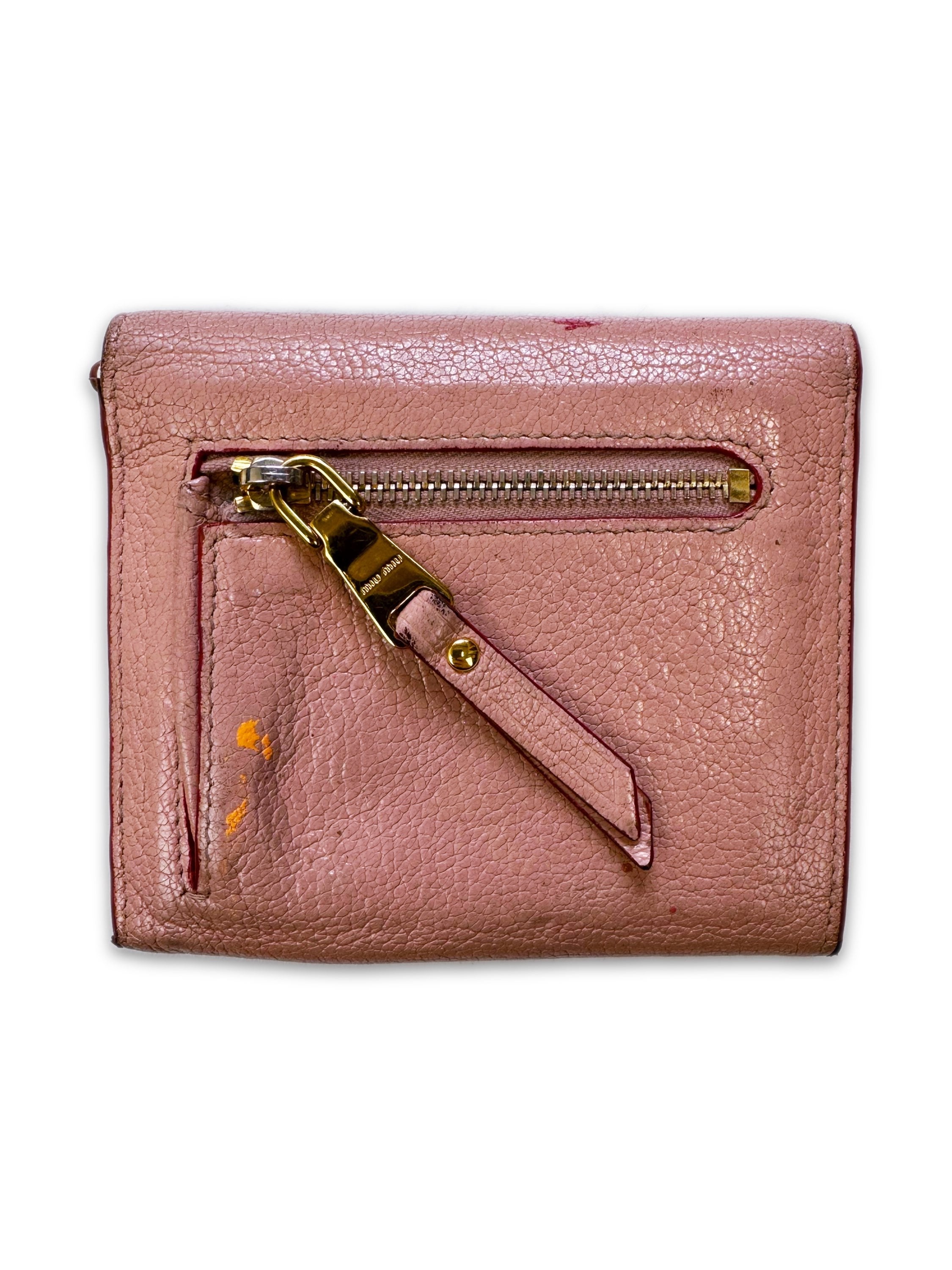 00s Miu Miu Pink Leather ‘Heart’ Motif Trifold Wallet