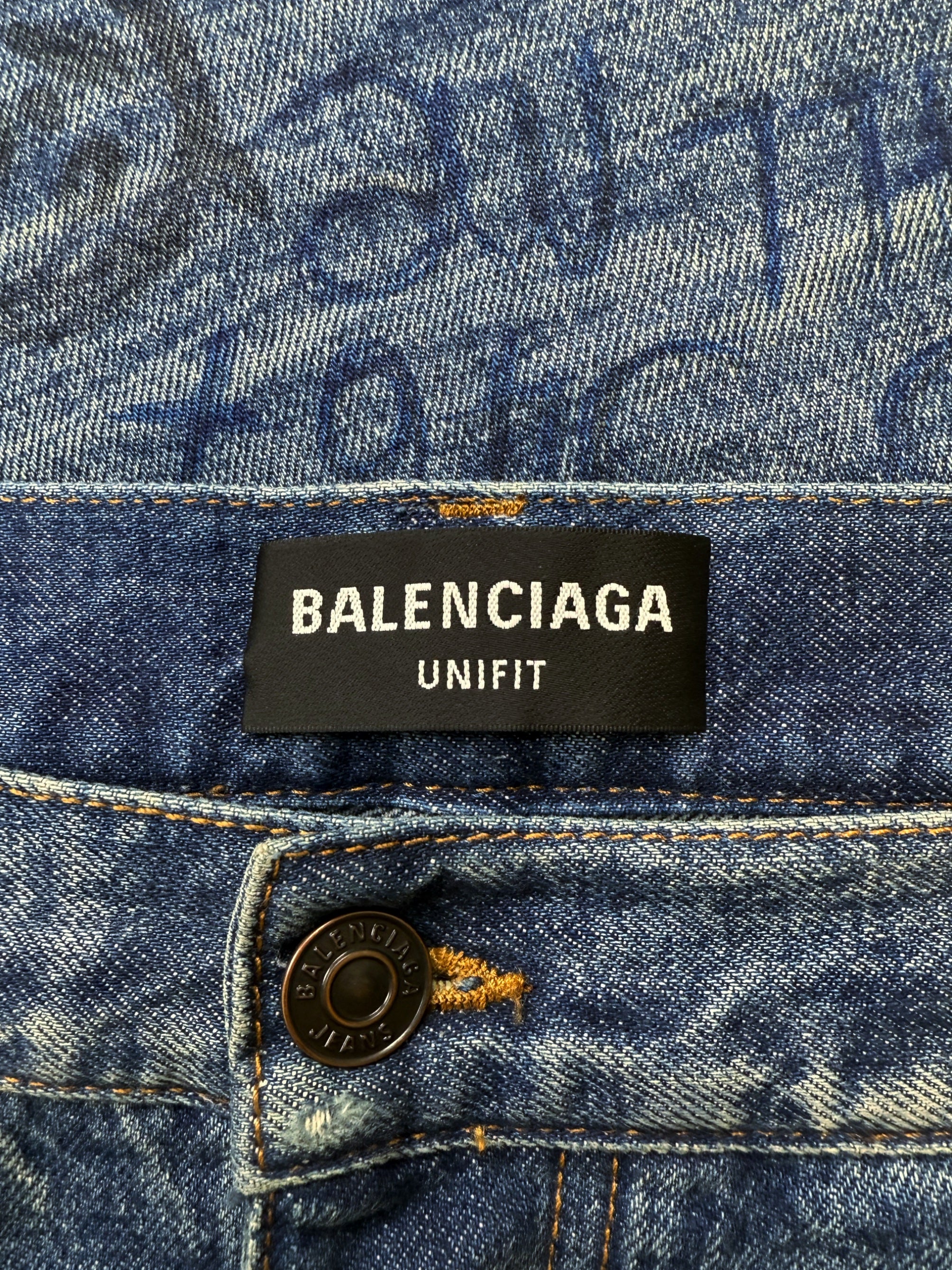 AW22 Balenciaga ‘Scribble’ Graffiti Dark Wash Distressed Denim