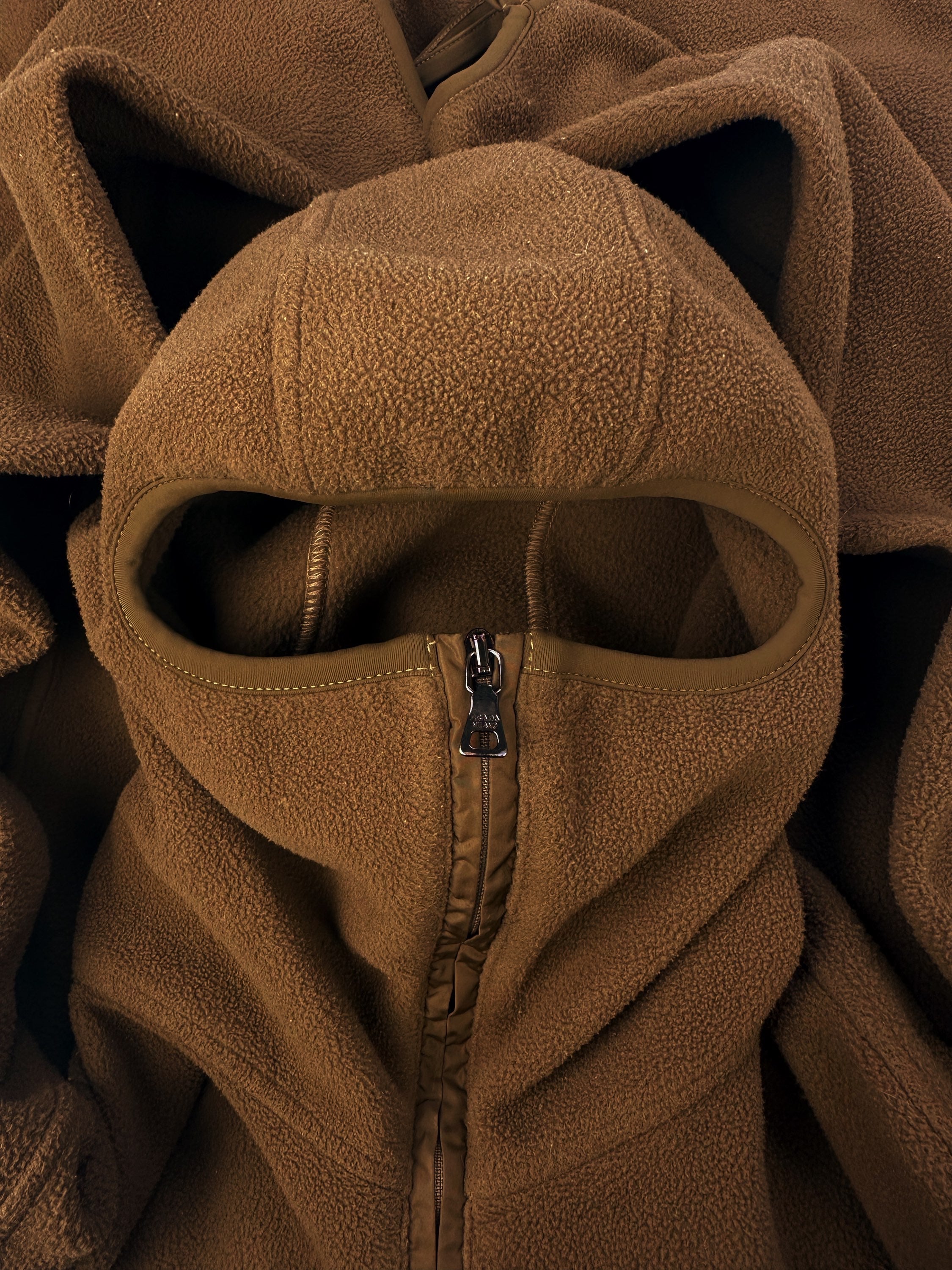 AW99 Prada Sport ‘Ninja’ Tan Full-Zip Hooded Mask Fleece Jacket