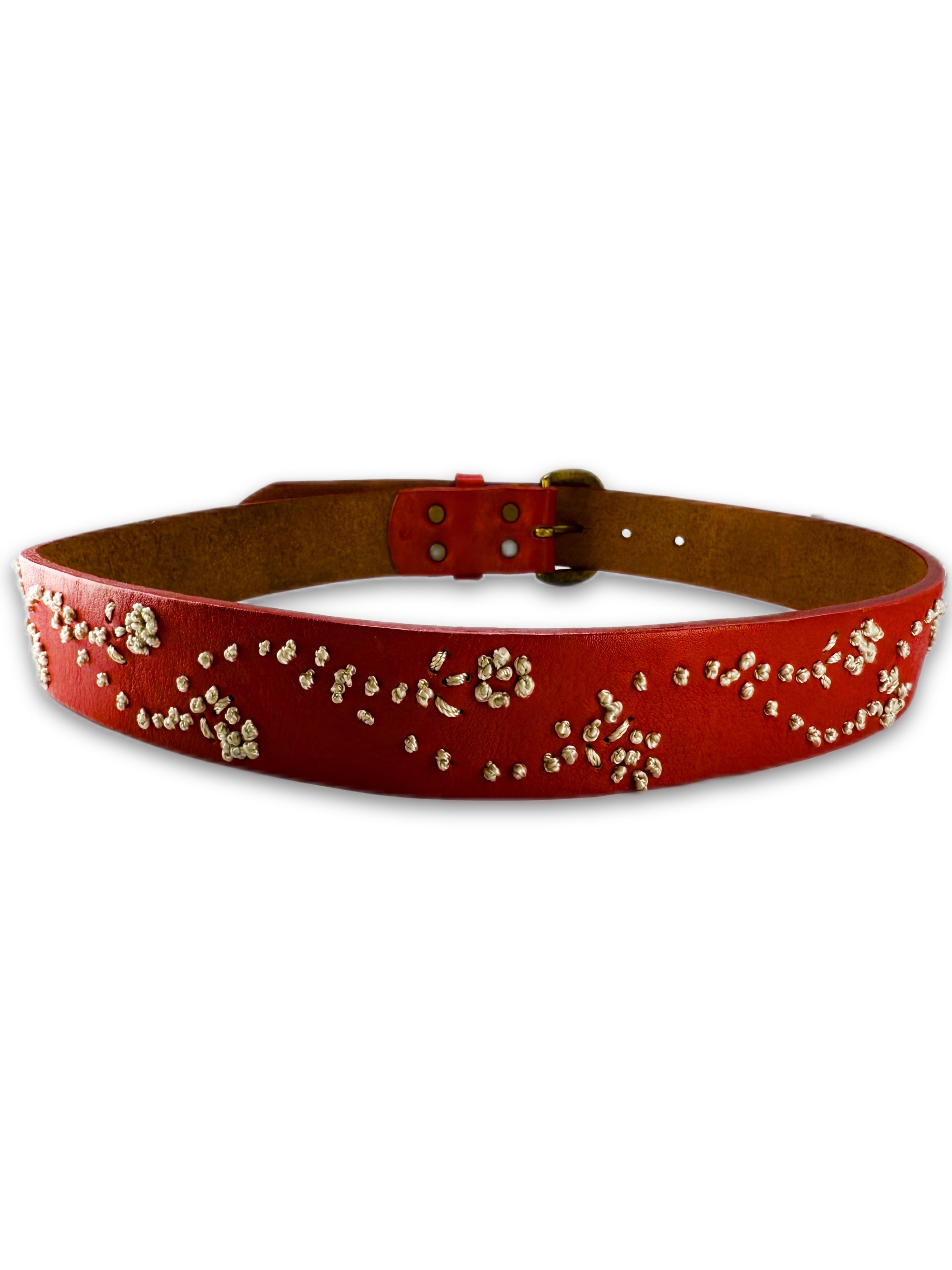 Kapital Floral Embroidery Red Leather Bronze Buckle Belt