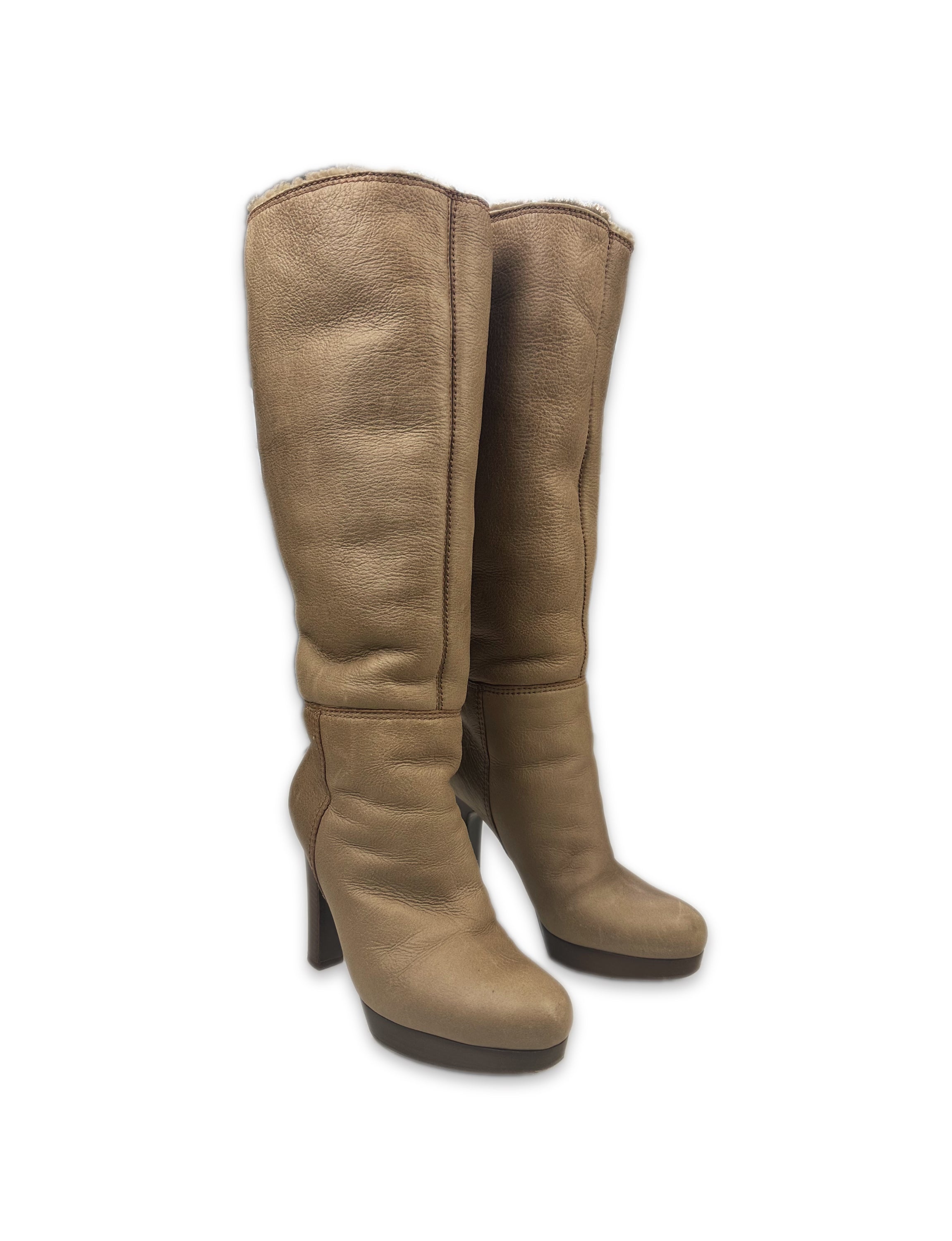 Miu Miu Shearling Lined Tan Leather High-heel Boots
