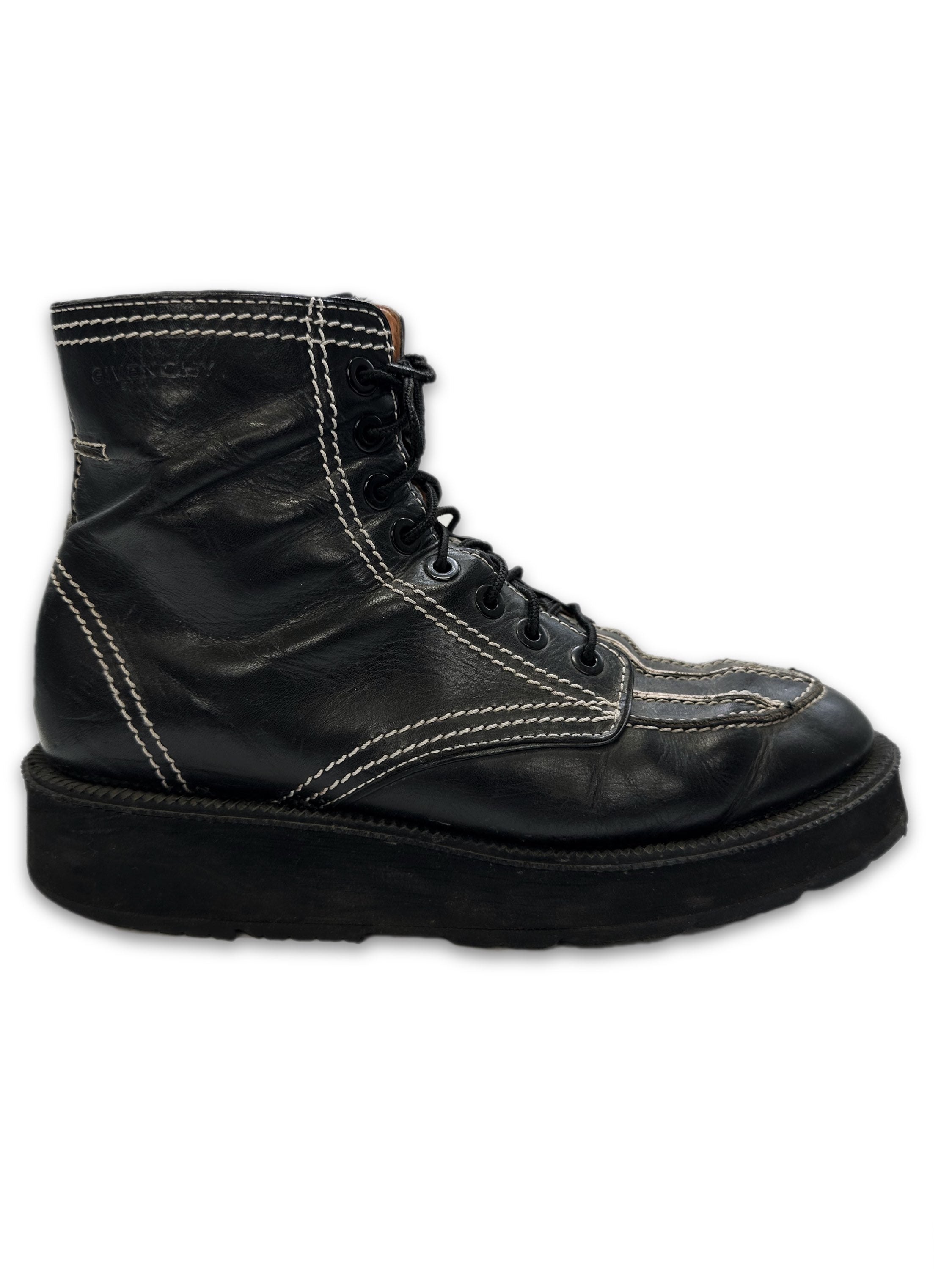 Givenchy Black Leather Contrast Stitch Hi Top Combat Boots