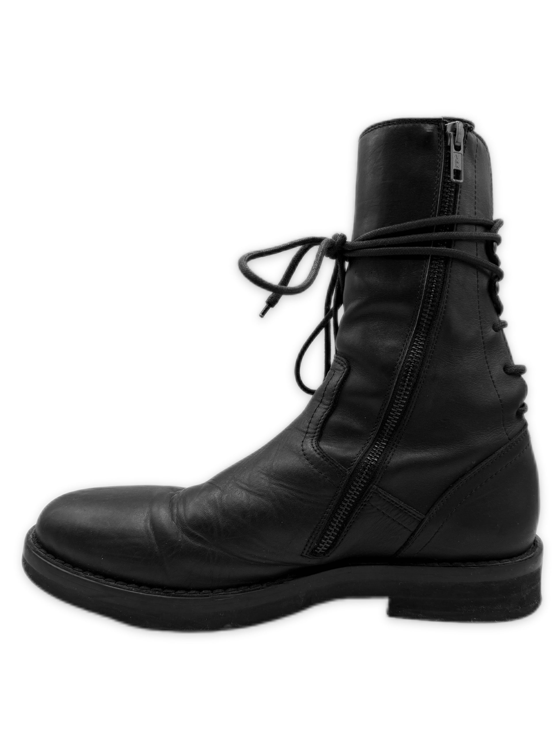 Ann Demeulemeester Back Lace Vitello Black Leather Side Zip Combat Boots