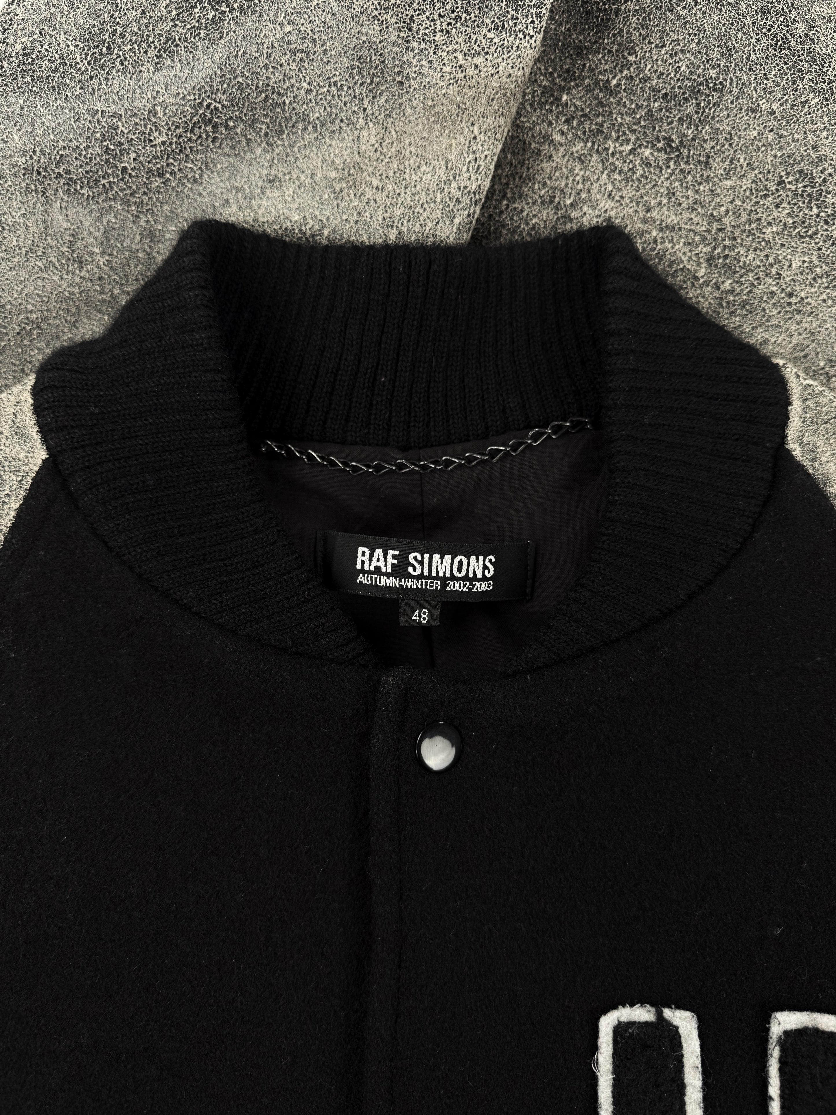 AW02 Raf Simons Virginia Creeper Blistered Leather Collegiate Varsity Jacket