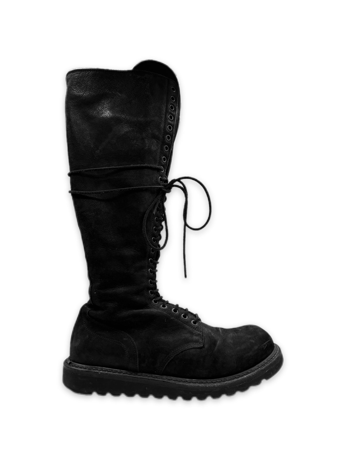 Rick Owens Side Zip Combat High Top Black Leather Boots