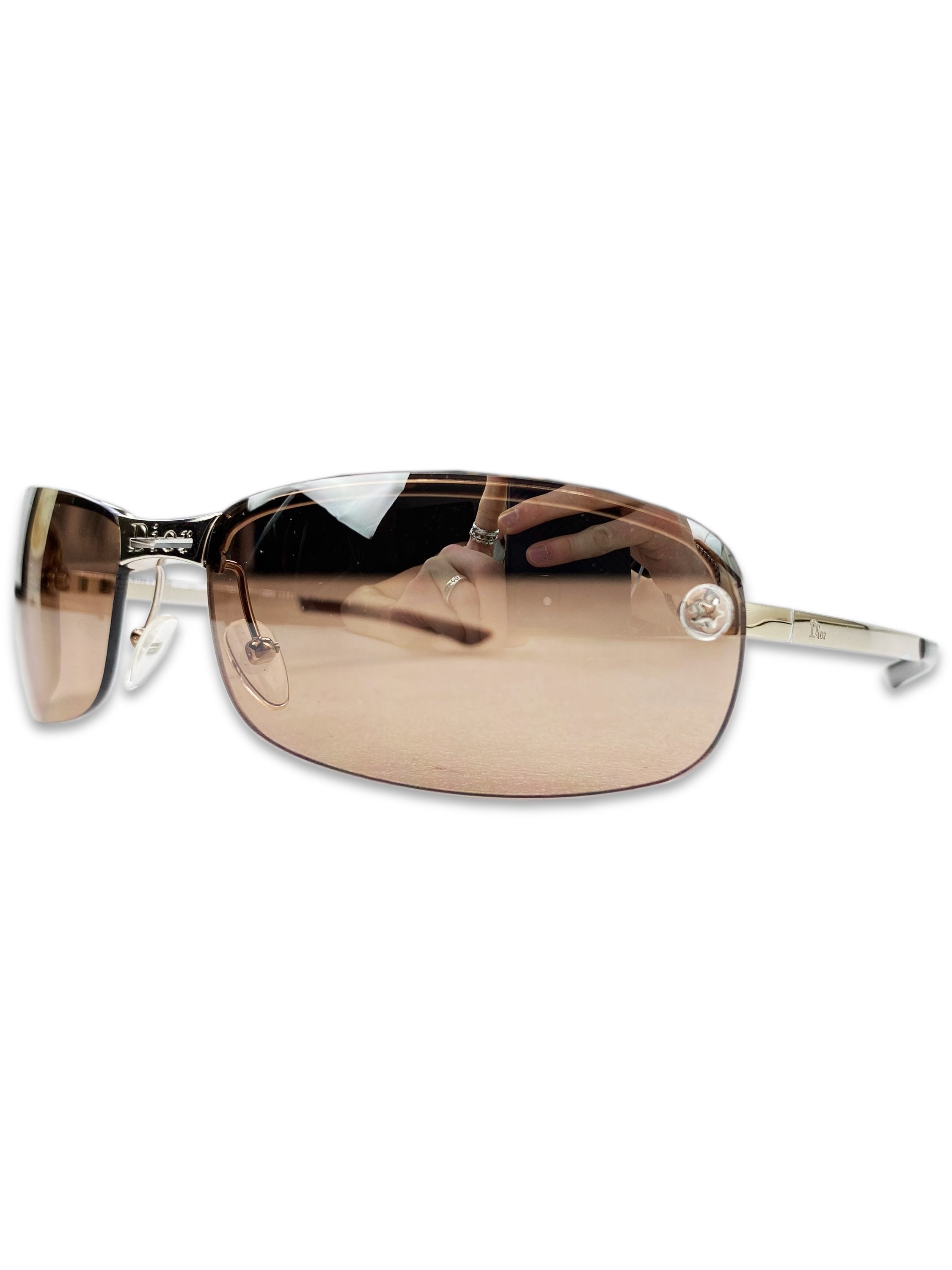 2000s Dior Etched Star Motif Warm Tint  Rounded Metallic Sunglasses
