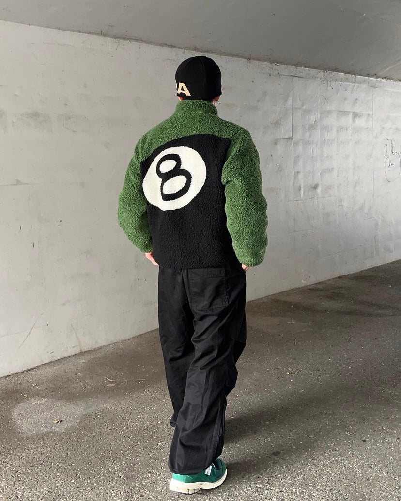 AW22 Stüssy ‘8 Ball’ Forest Green Reversible Sherpa Fleece Jacket