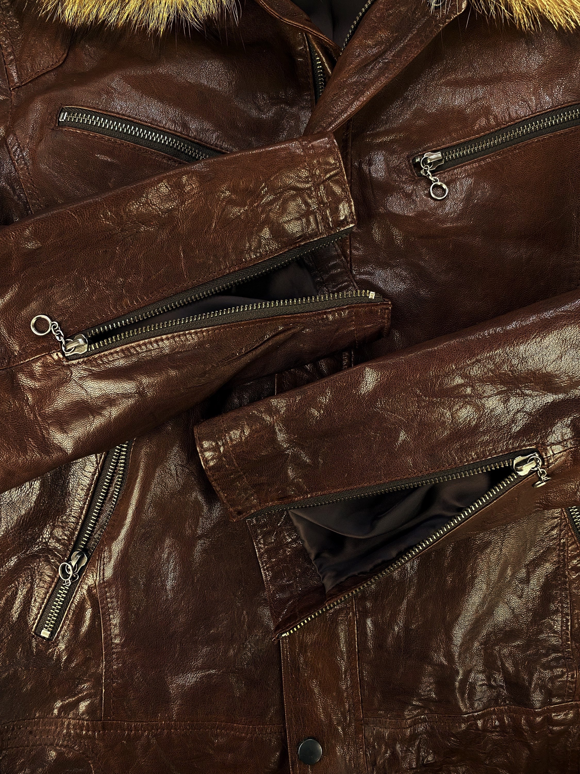00s Tete Homme Caramel Fur Collar Multi Zip Leather Jacket