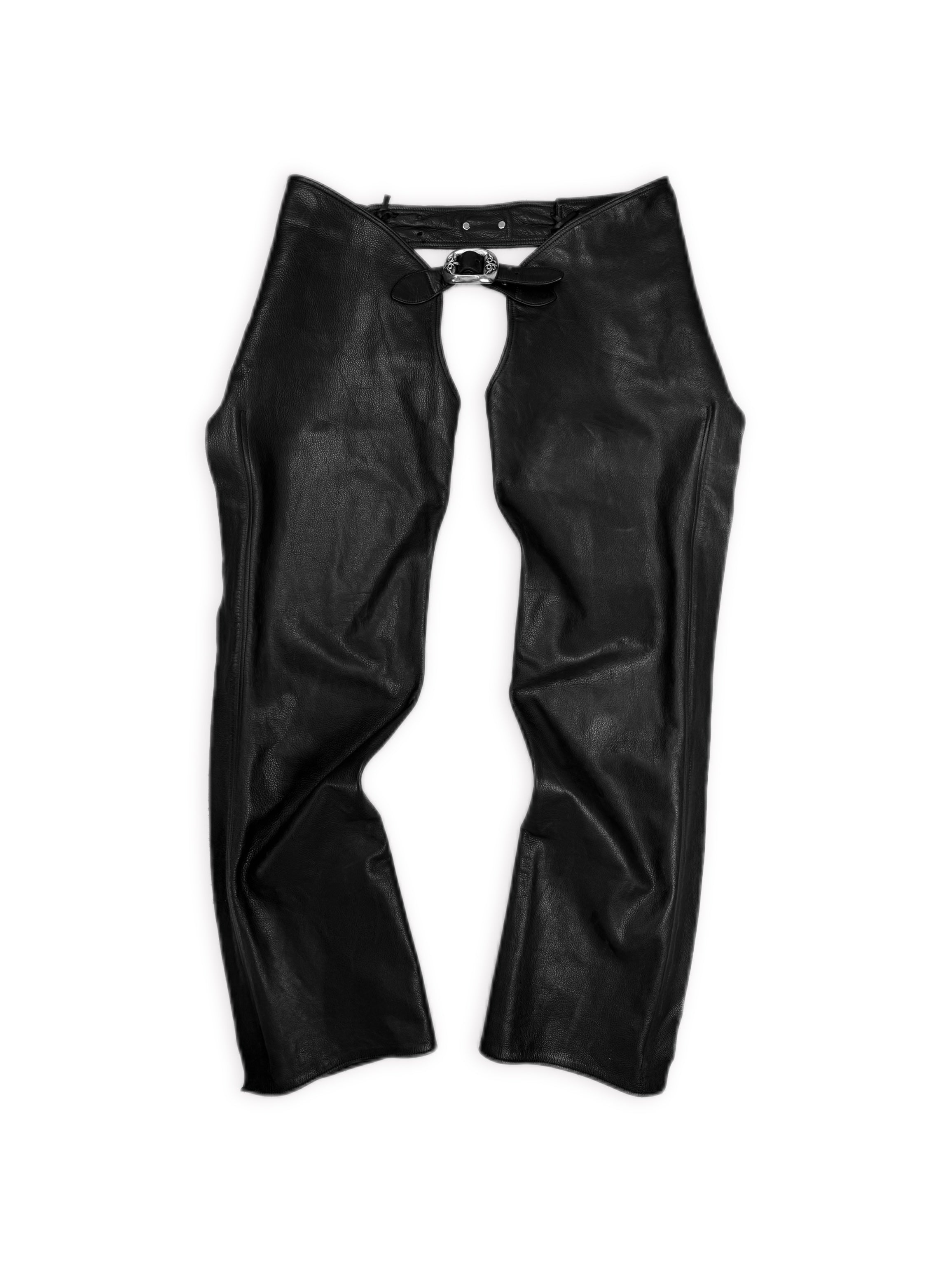 Chrome Hearts Floral Oval Buckle Black Leather Side-zip Chaps