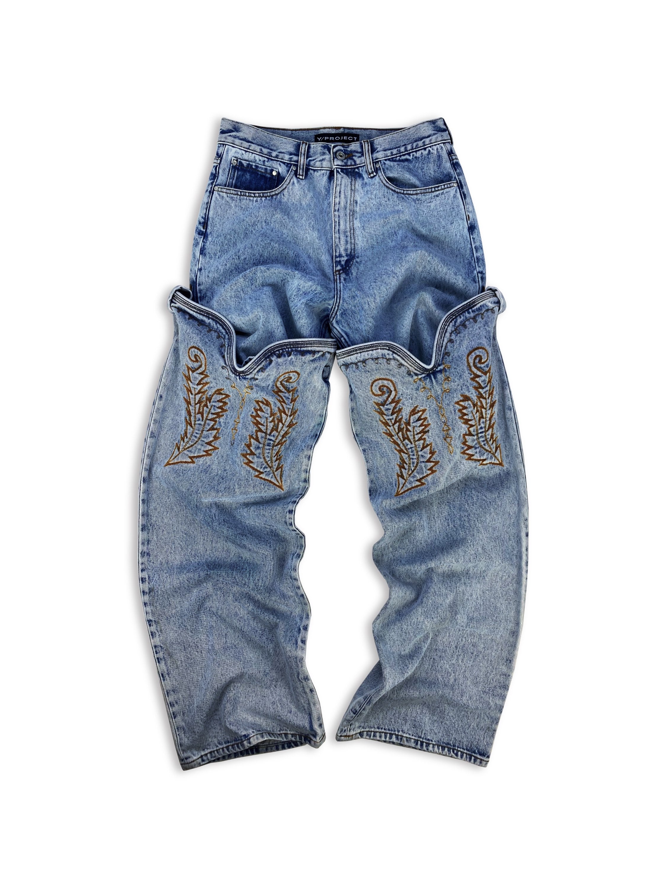 AW21 Y/Project Cowboy Cuff Acid Wash Bootcut Denim Jeans