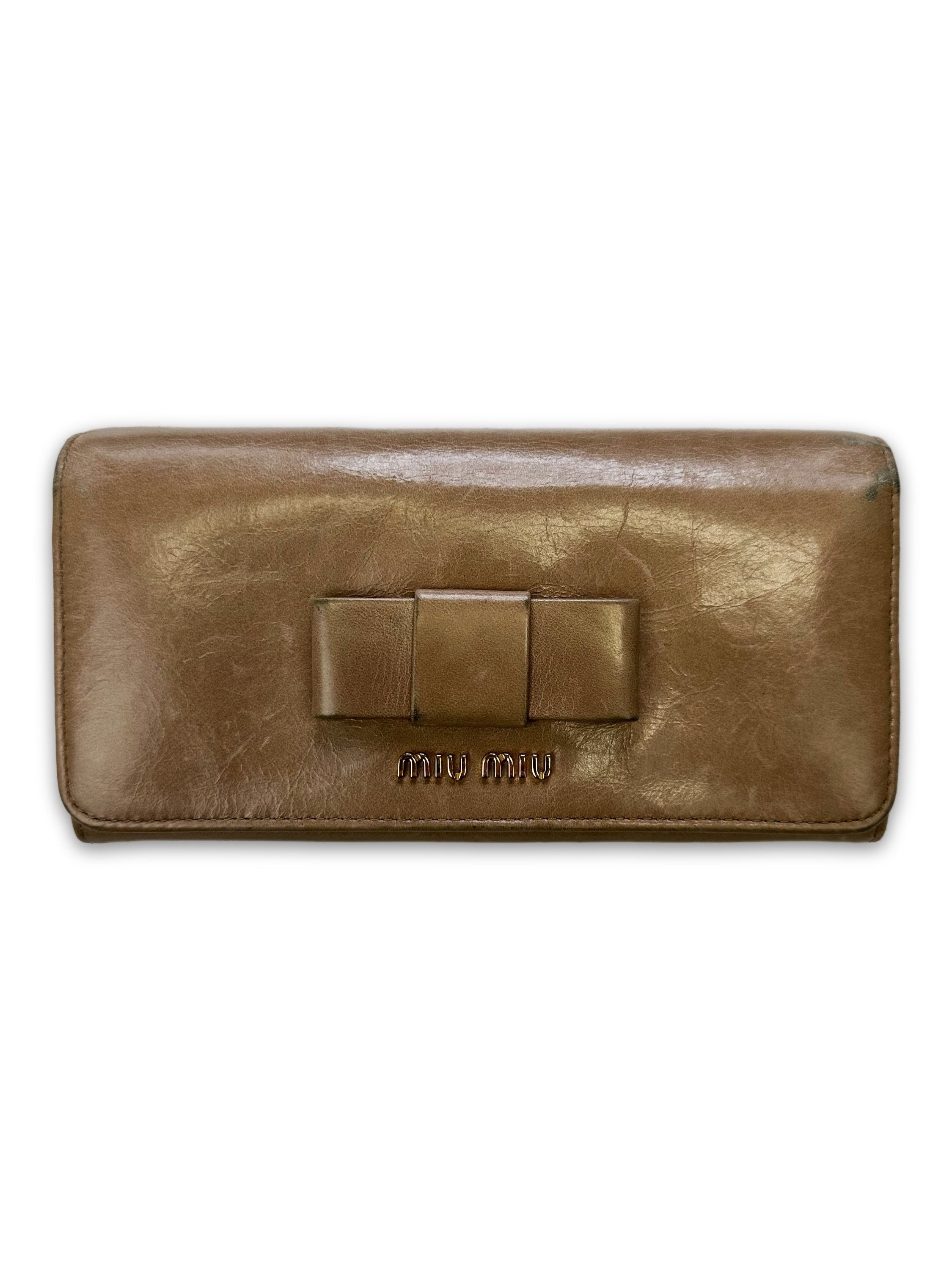 00s Miu Miu ‘Ribbon’ Tan Leather Bifold Long Wallet