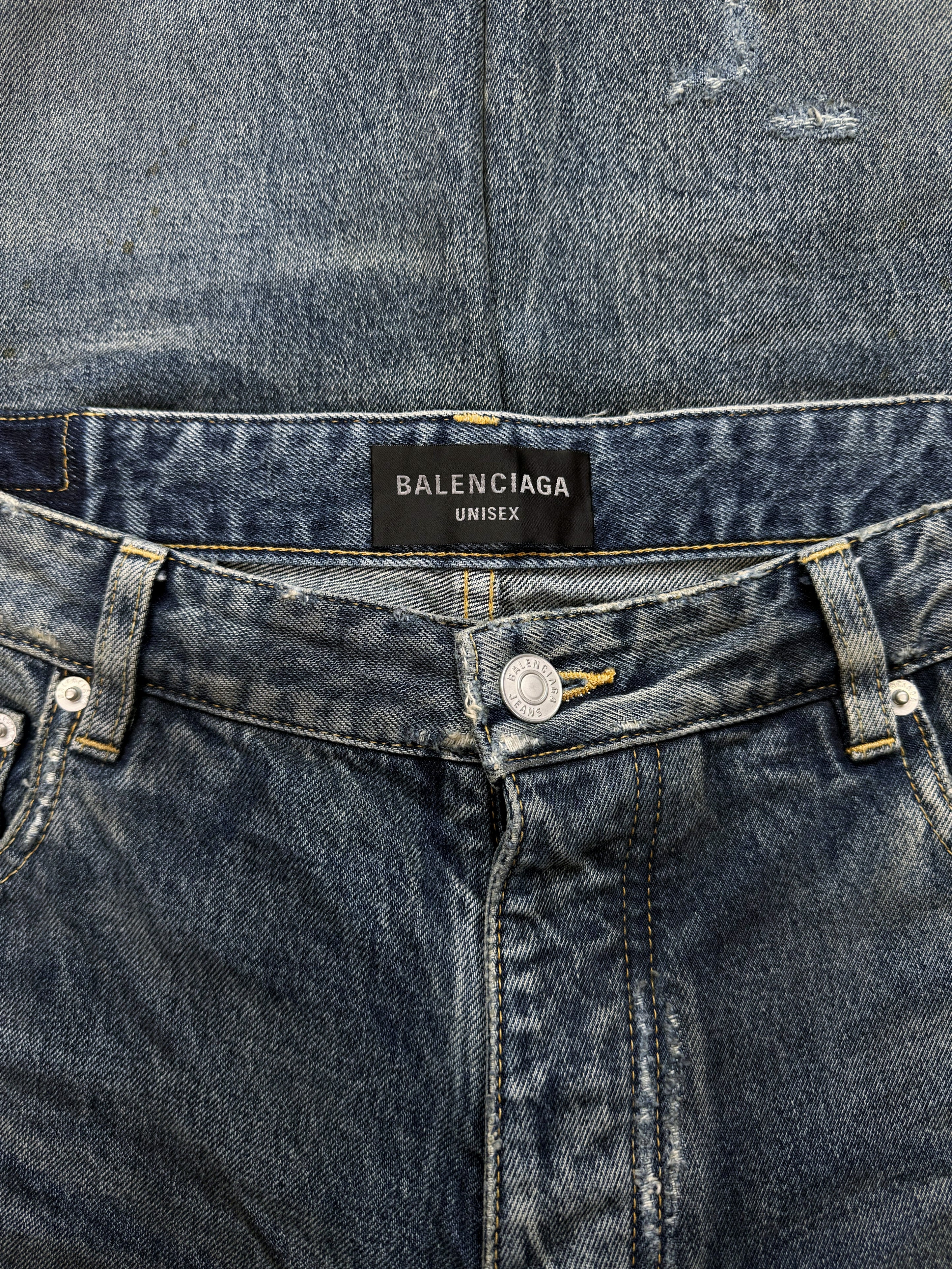 SS23 Balenciaga Mud Show Baggy Distressed Blue Washed Denim