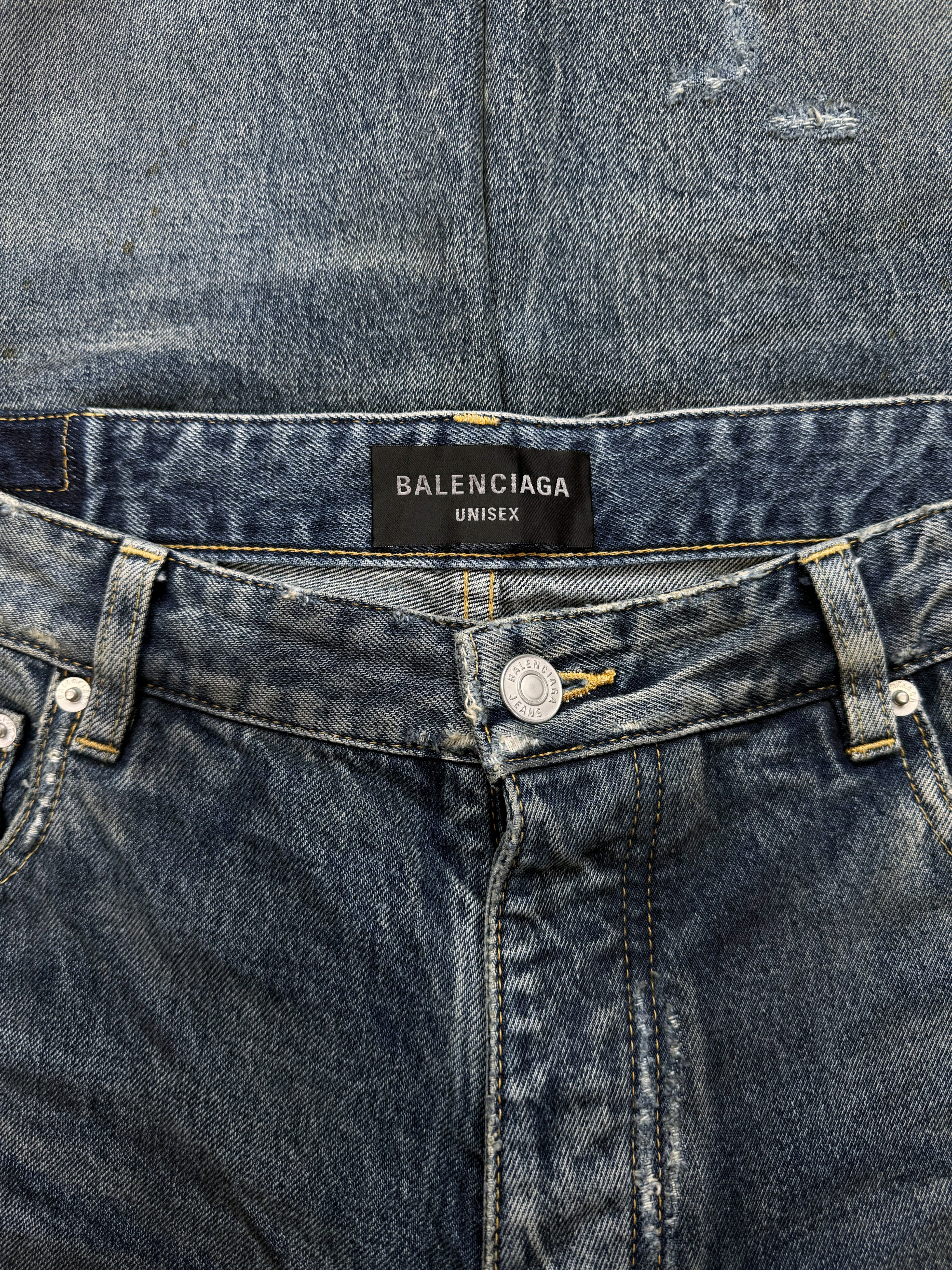 SS23 Balenciaga Mud Show Baggy Distressed Blue Washed Denim