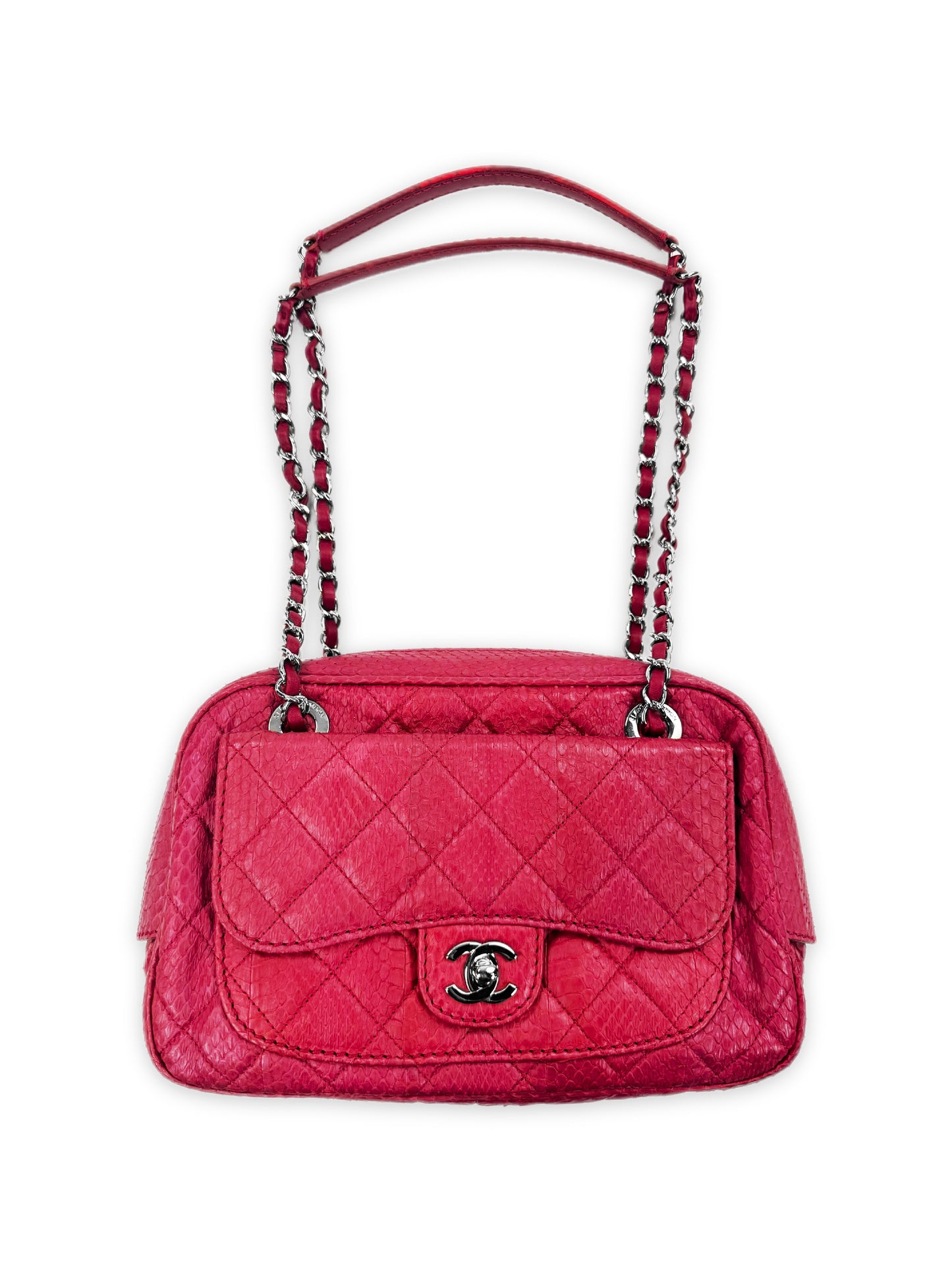 Chanel Fuchsia Pink Python Leather Quilted Flap Paradoxal Camera Bag Purse