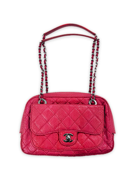 Chanel Fuchsia Pink Python Leather Quilted Flap Paradoxal Camera Bag Purse