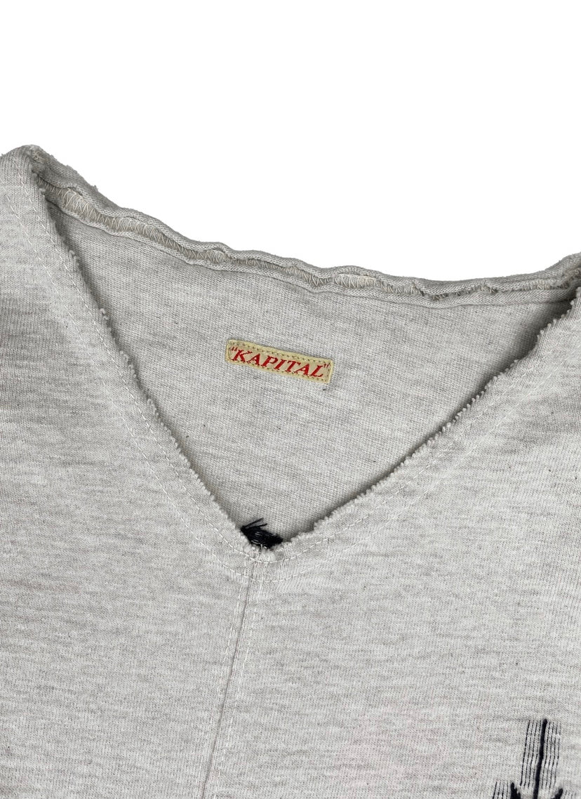 Kapital Weaved Diamond Motif Raw Hem Longsleeve Grey Shirt
