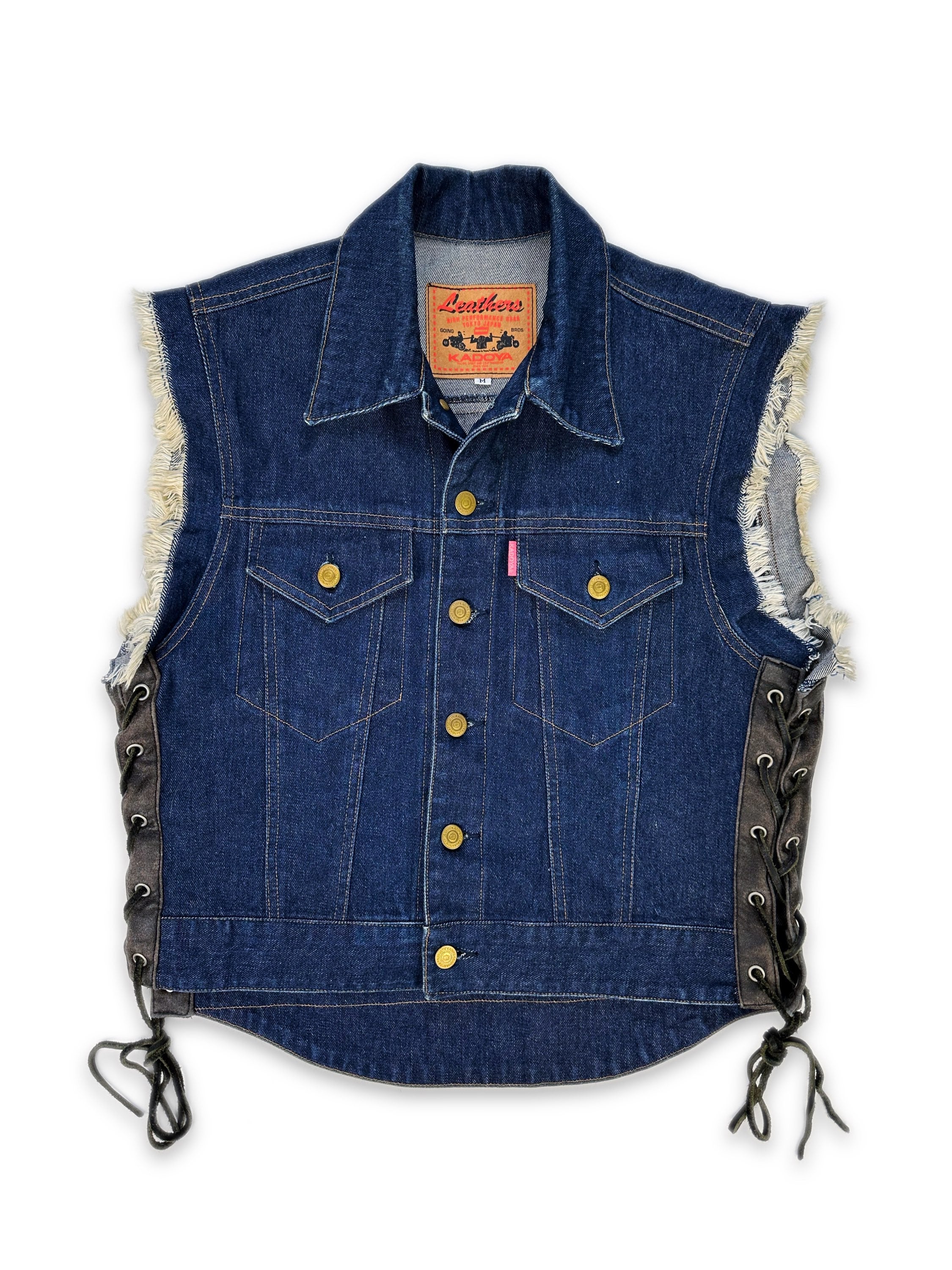 Kadoya Indigo Leather Braided Distressed Heavy Weight Vest
