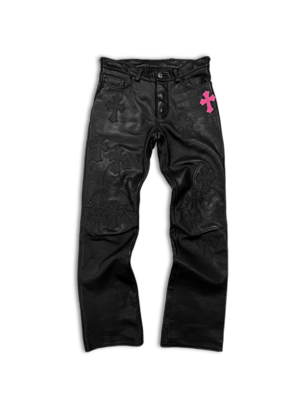 Chrome Hearts Pink 19 Cross Patch Black Leather Fleur Knee Pants