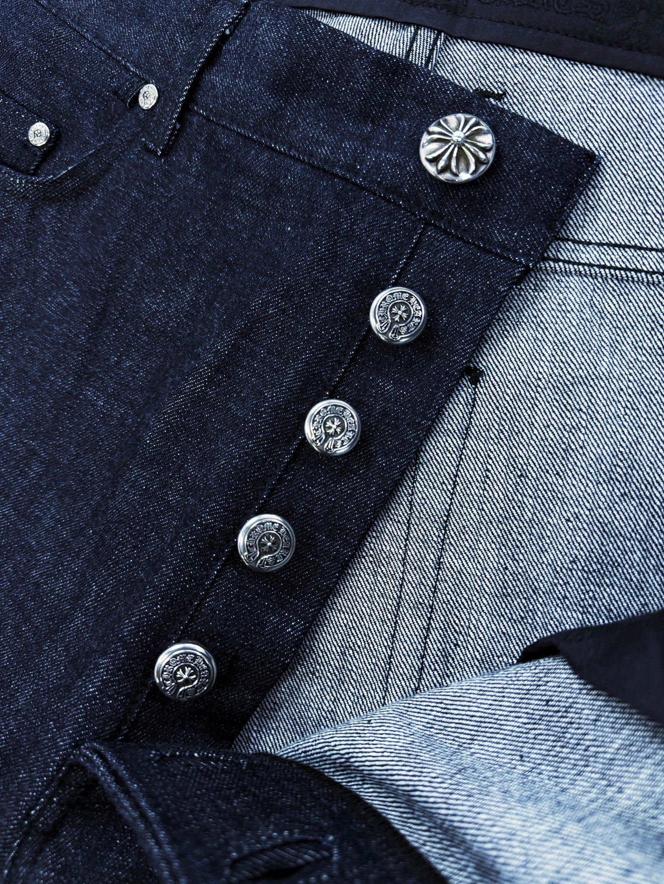 Chrome Hearts KS Cut Indigo Wash Raw .925 Silver Wide Cut Baggy Denim Jeans