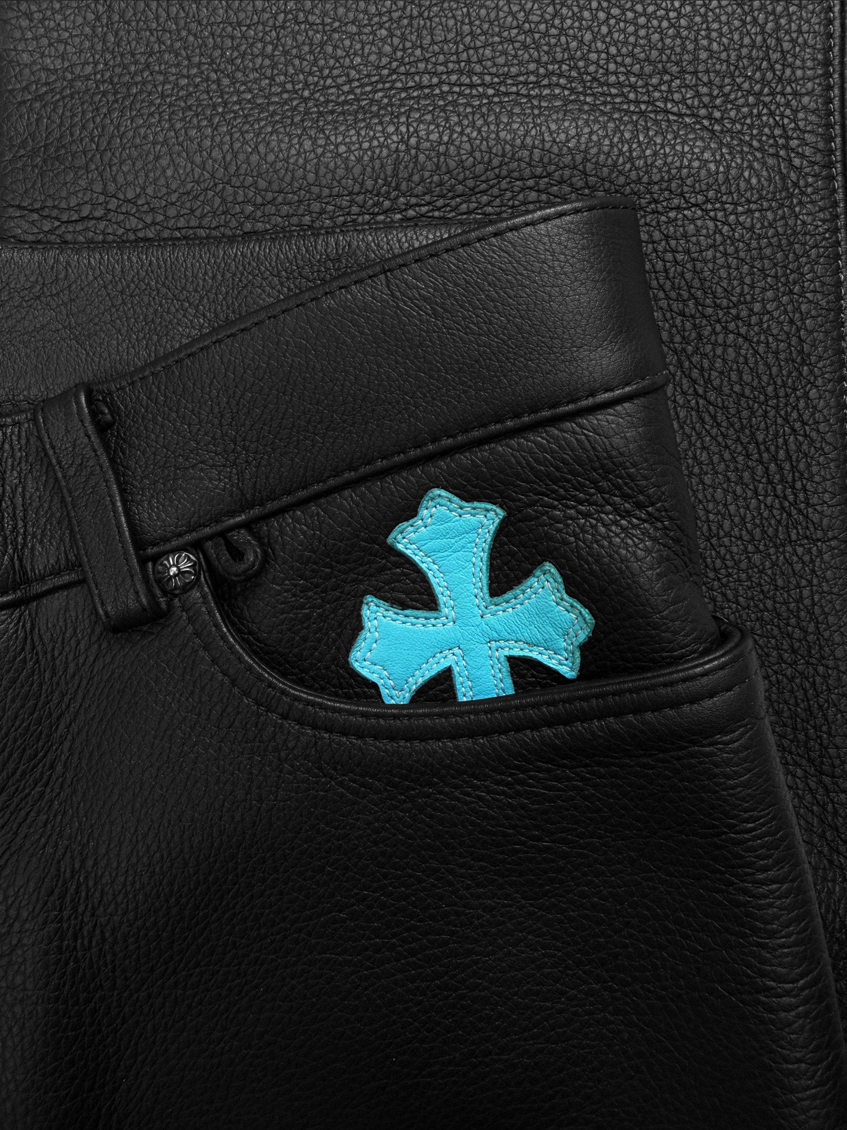 Chrome Hearts Baby Blue Cross Patch Leather Pants