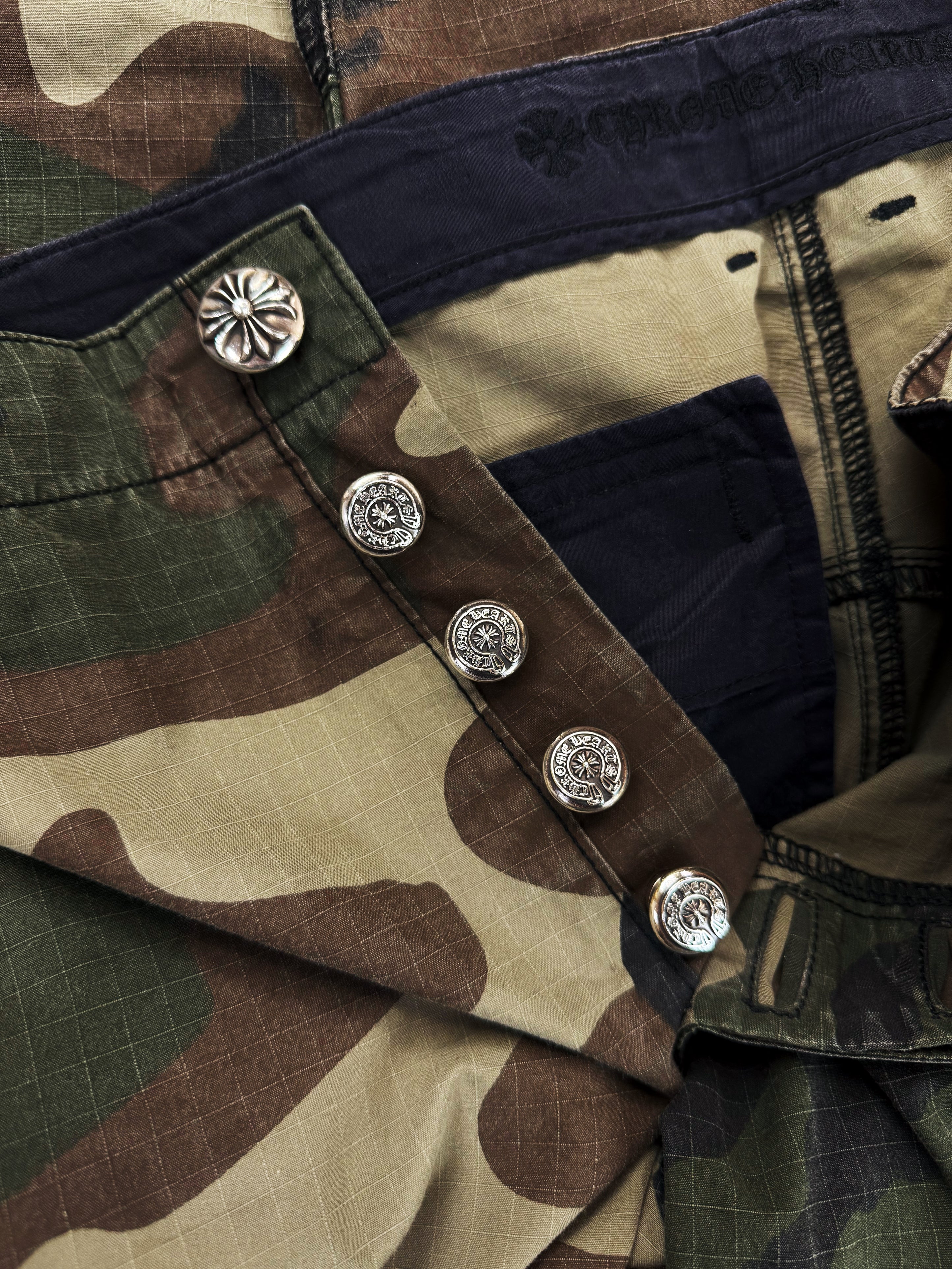 Chrome Hearts Devil Dog Leather Cross Patch Camo Cargo Pocket Pants