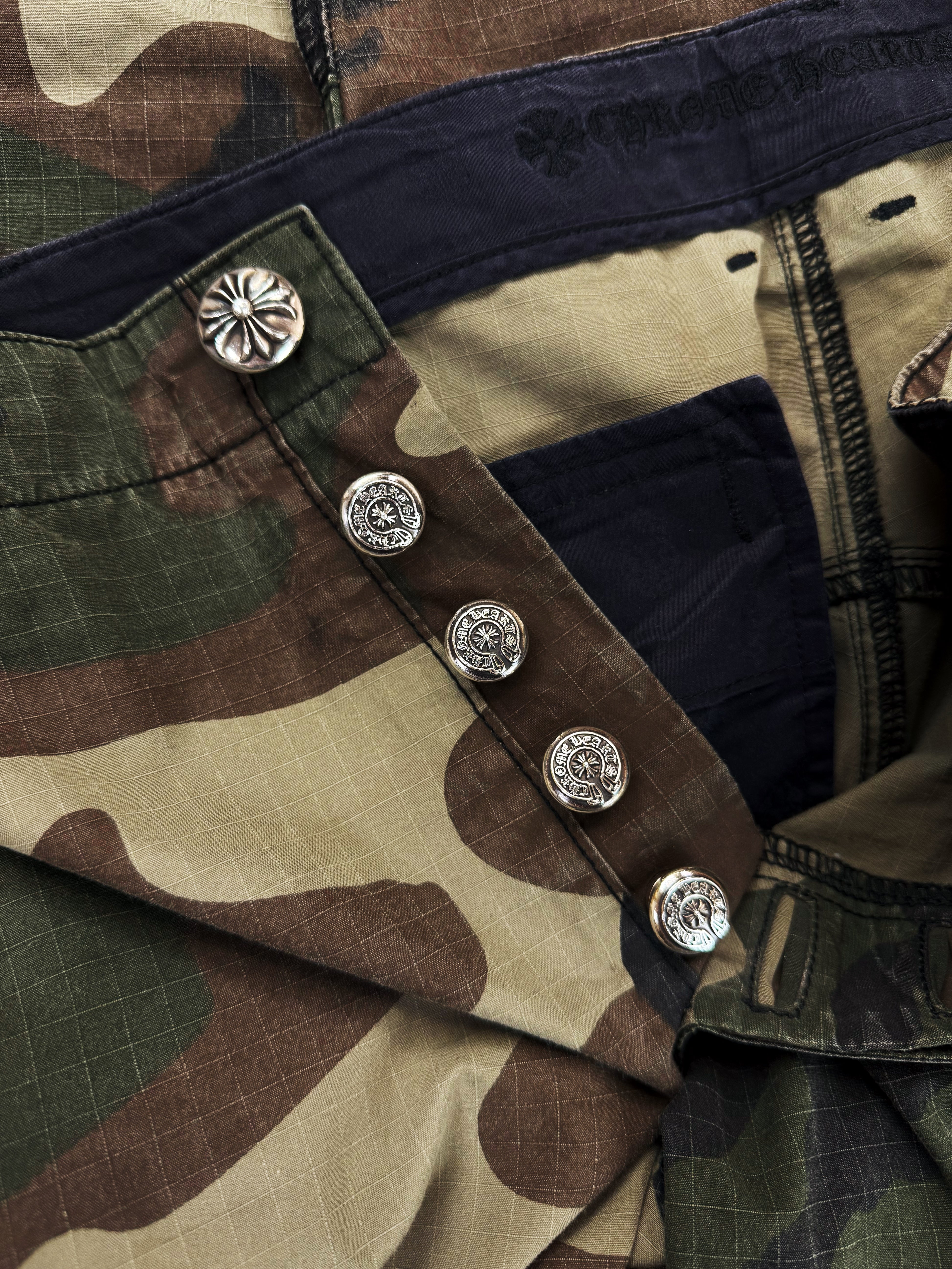 Chrome Hearts Devil Dog Leather Cross Patch Camo Cargo Pocket Pants