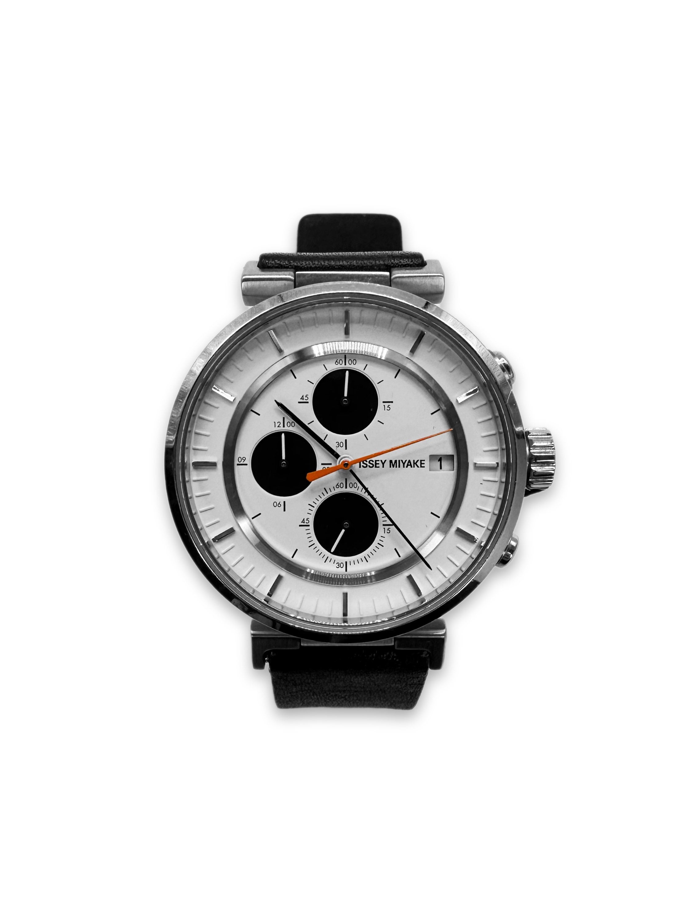 90s Issey Miyake Triple Chronograph Black Leather Band Watch