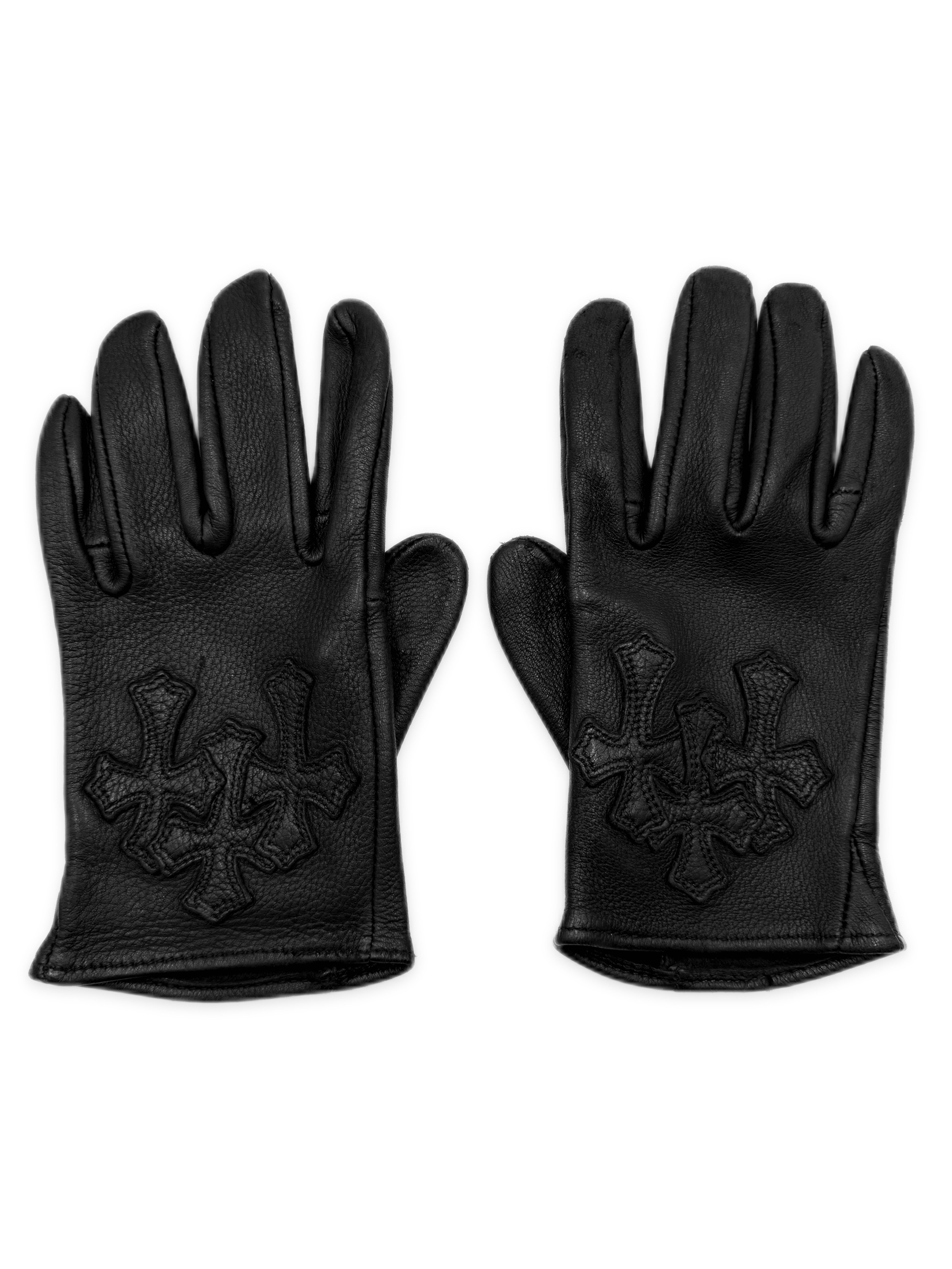 Chrome Hearts Triple Cross Patch Cemetery Black Leather Gloves