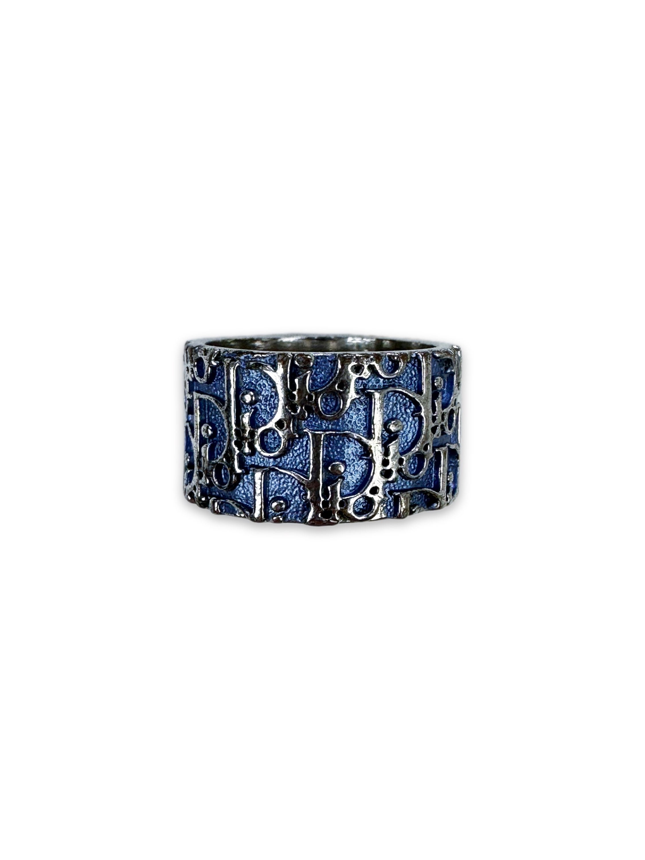 00s Dior ‘2’ Navy Blue Trotter Monogram Silver Ring