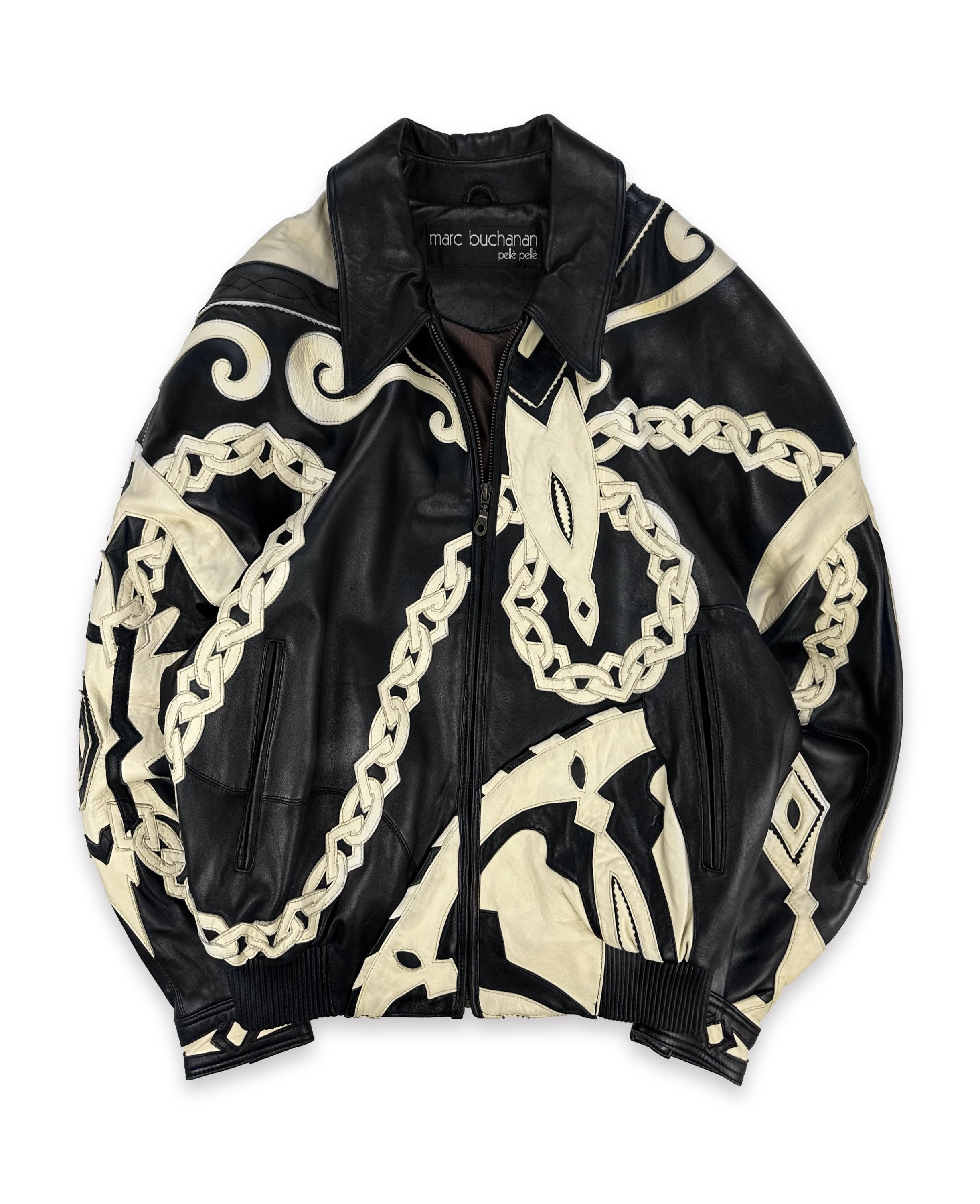 90s Pelle Pelle ‘Chainlink’ Patched Black Leather Jacket