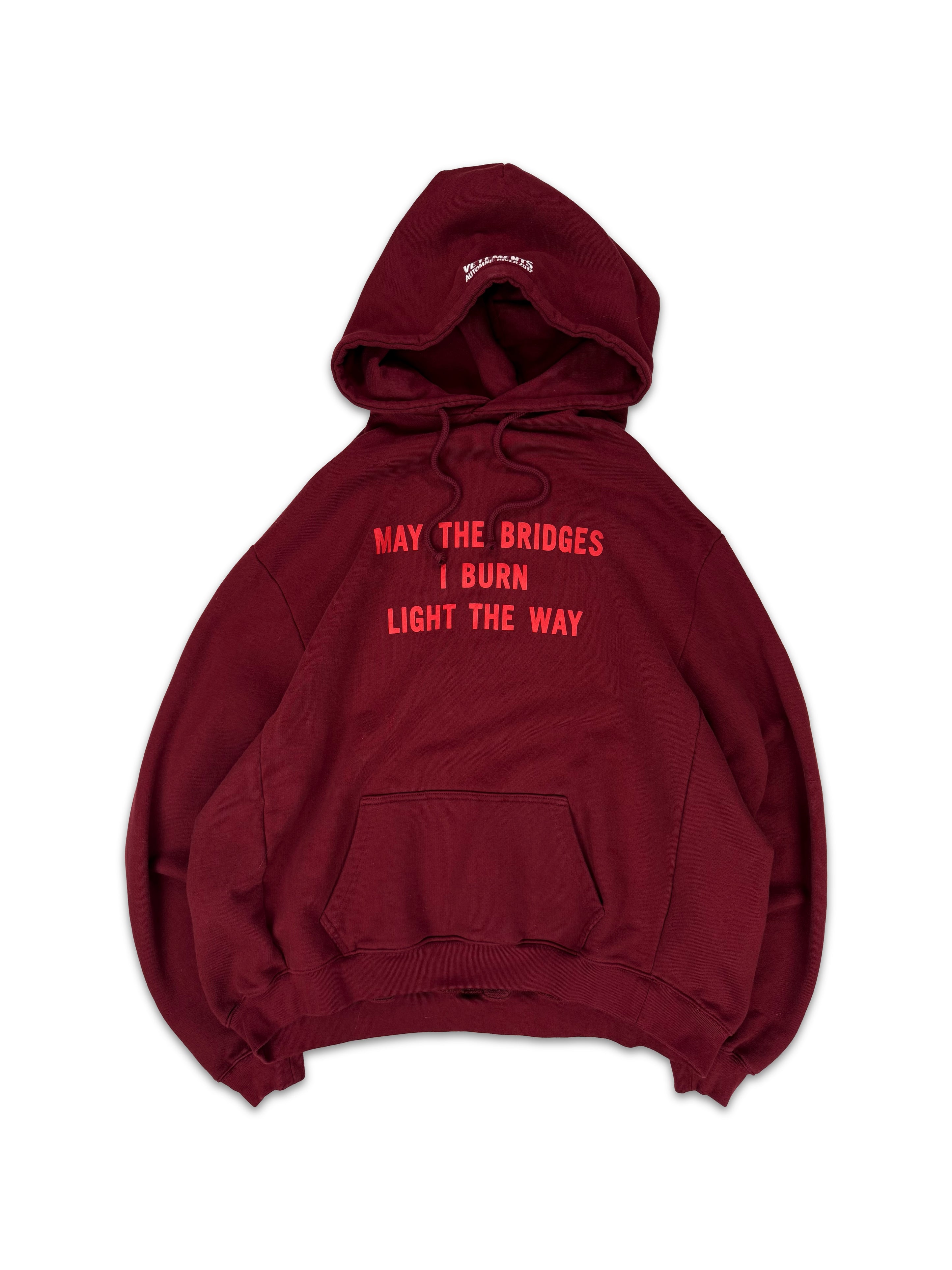 AW17 Vetements Homme ‘Bridges I Burn’ Burgundy Slogan Hoodie