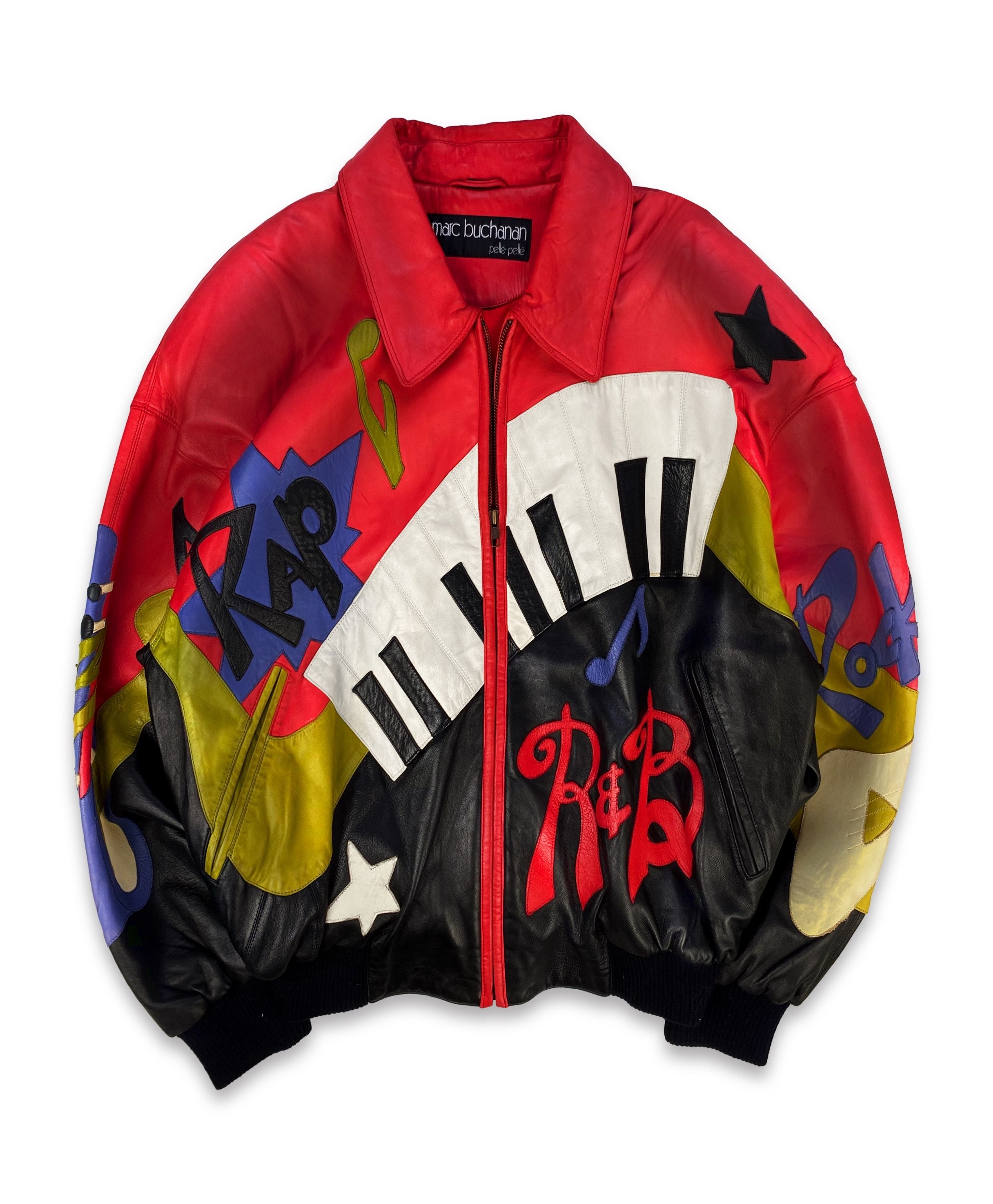 80s Pelle Pelle ‘Soul Music’ Leather Patchwork Collared Bomber Jacket