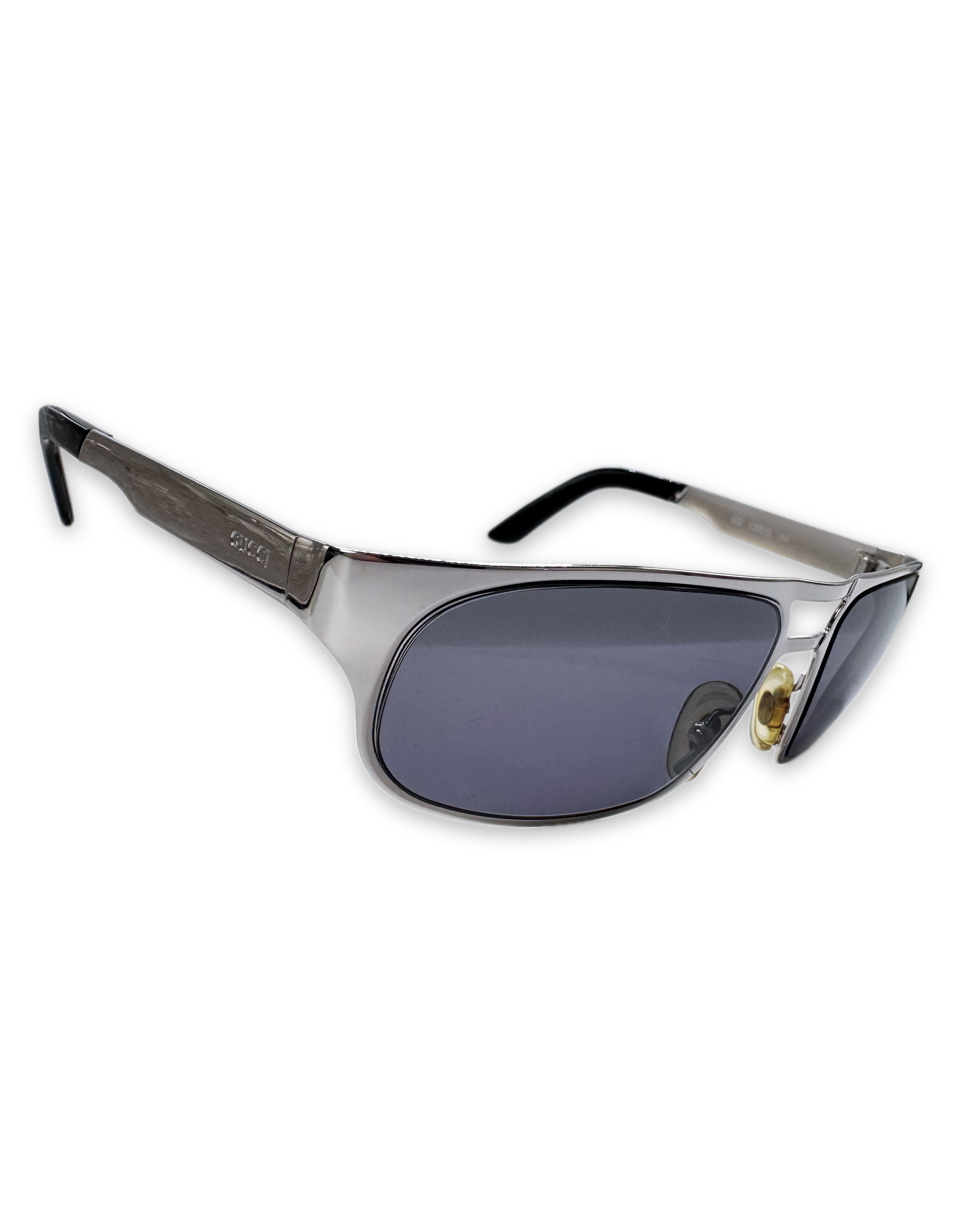 00s Gucci Blue Tint Metallic Frame Etched Logo Sunglasses